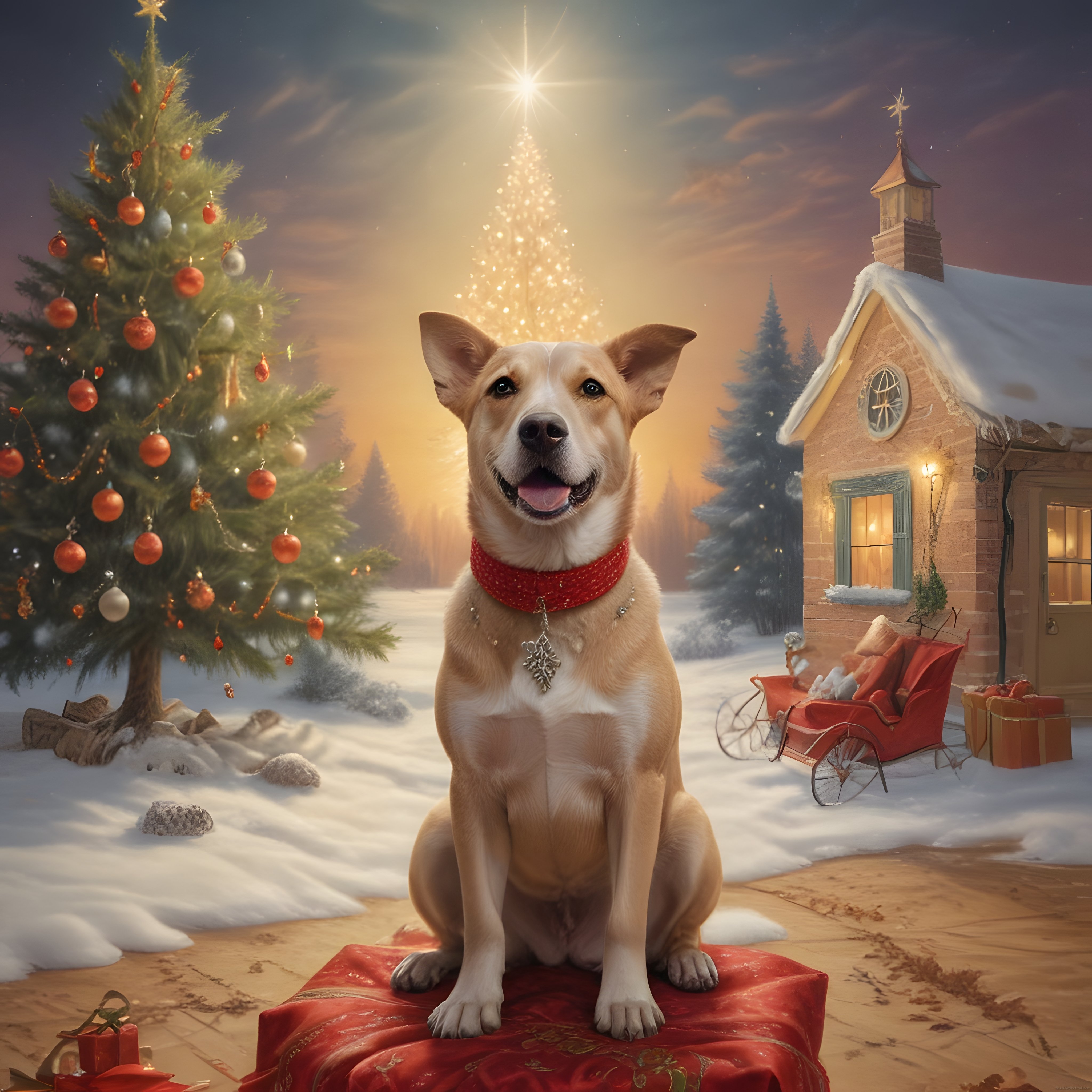 Karlı Manzarada Kırmızı Tasmalı Köpek ile Sıcak Noel Atmosferi