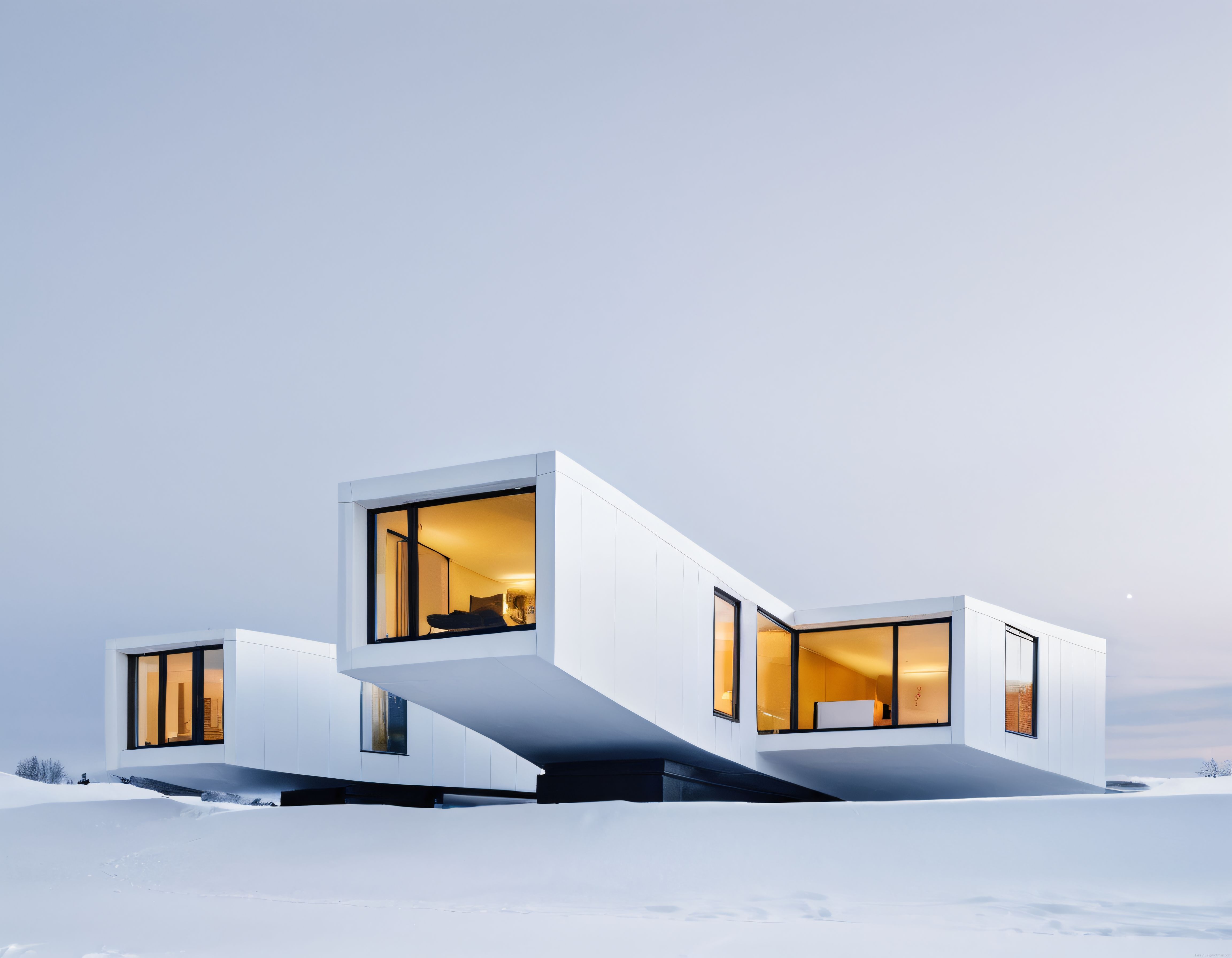 Karlı manzarada modern mimari harikası: Işık saçan minimalist beyaz ev