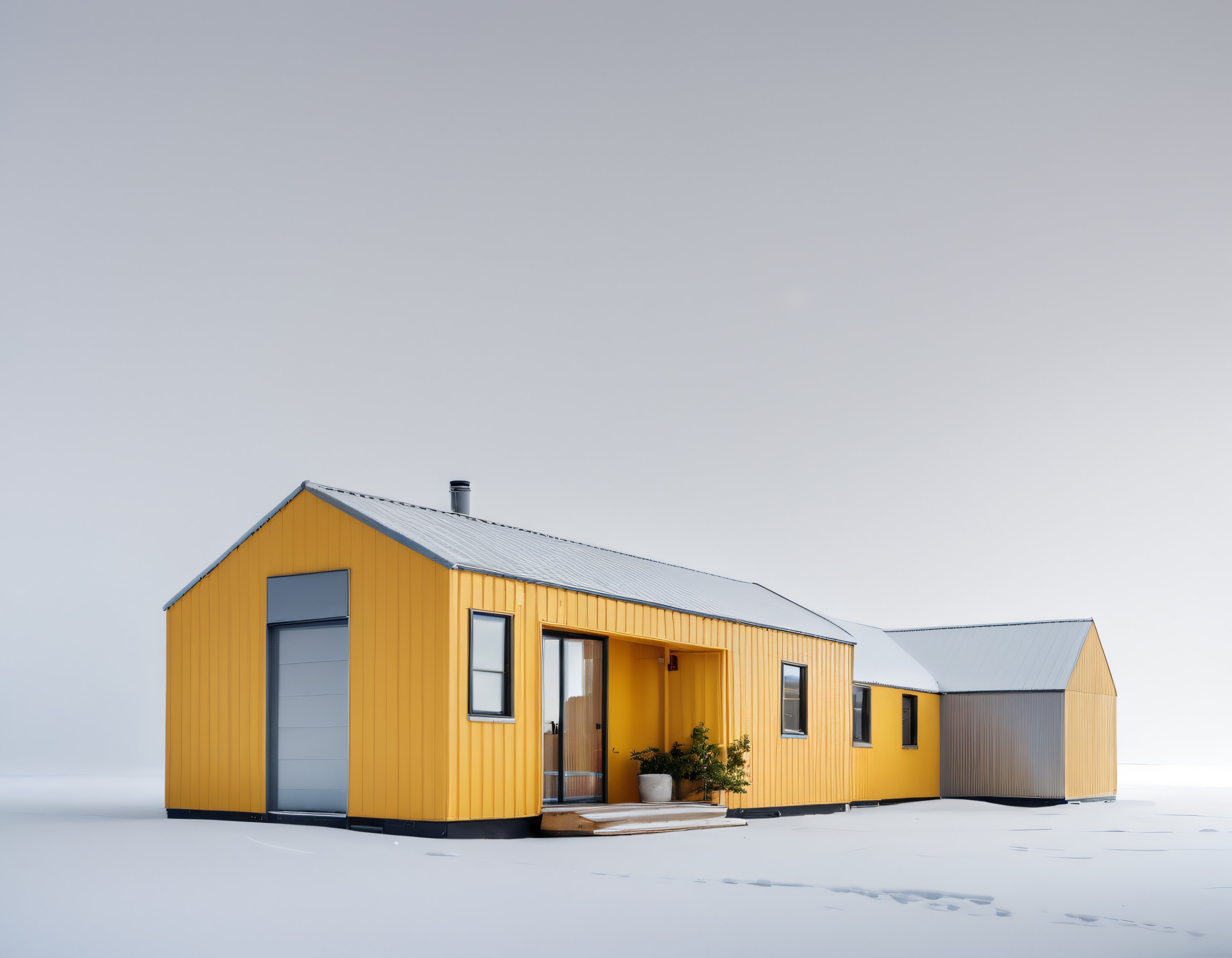Karlı Manzarada Modern Sarı Ahşap Ev ve Minimalist Kış Atmosferi