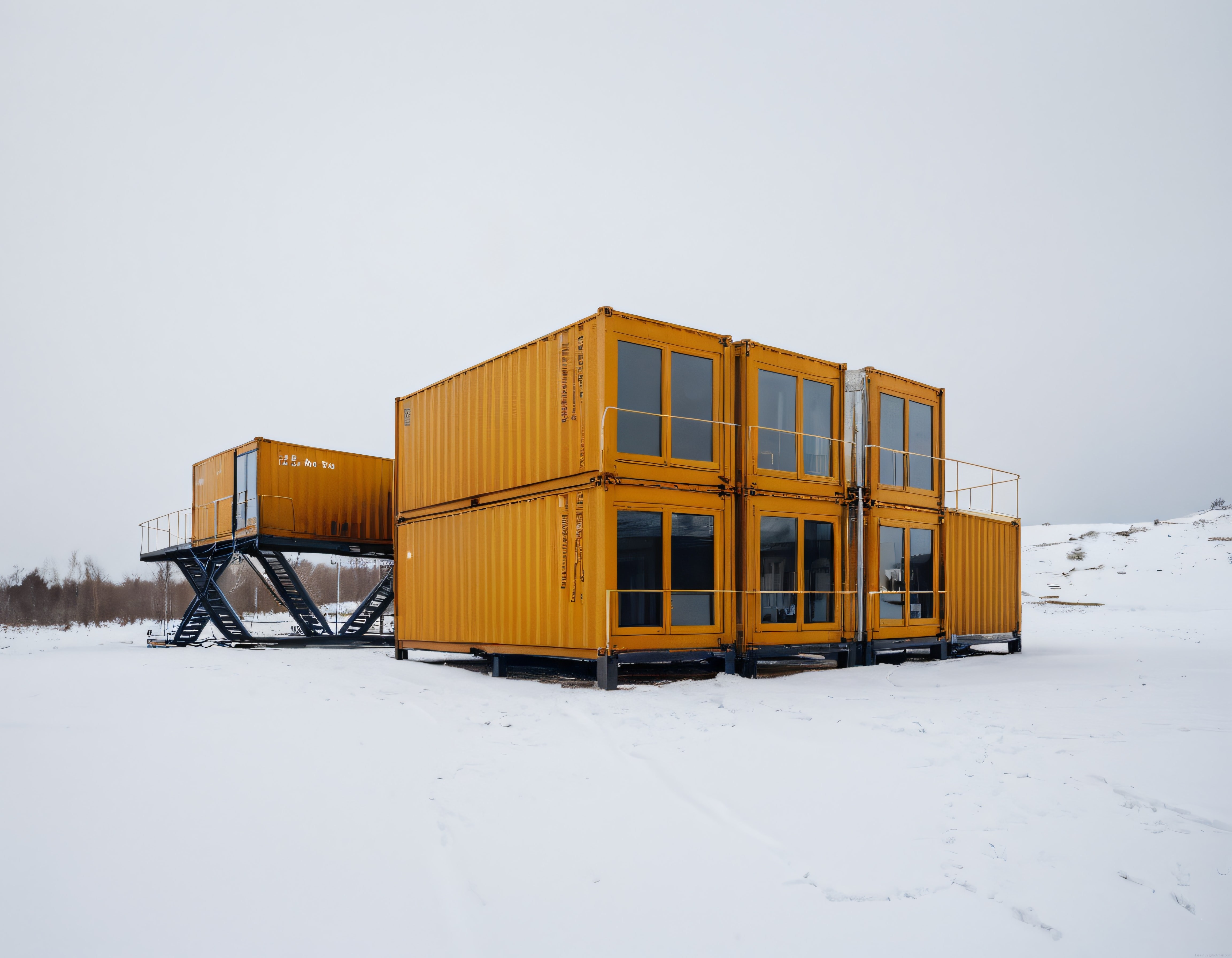 Karlı Manzarada Turuncu Konteynerlerden Oluşan Modern Mimari Yapı