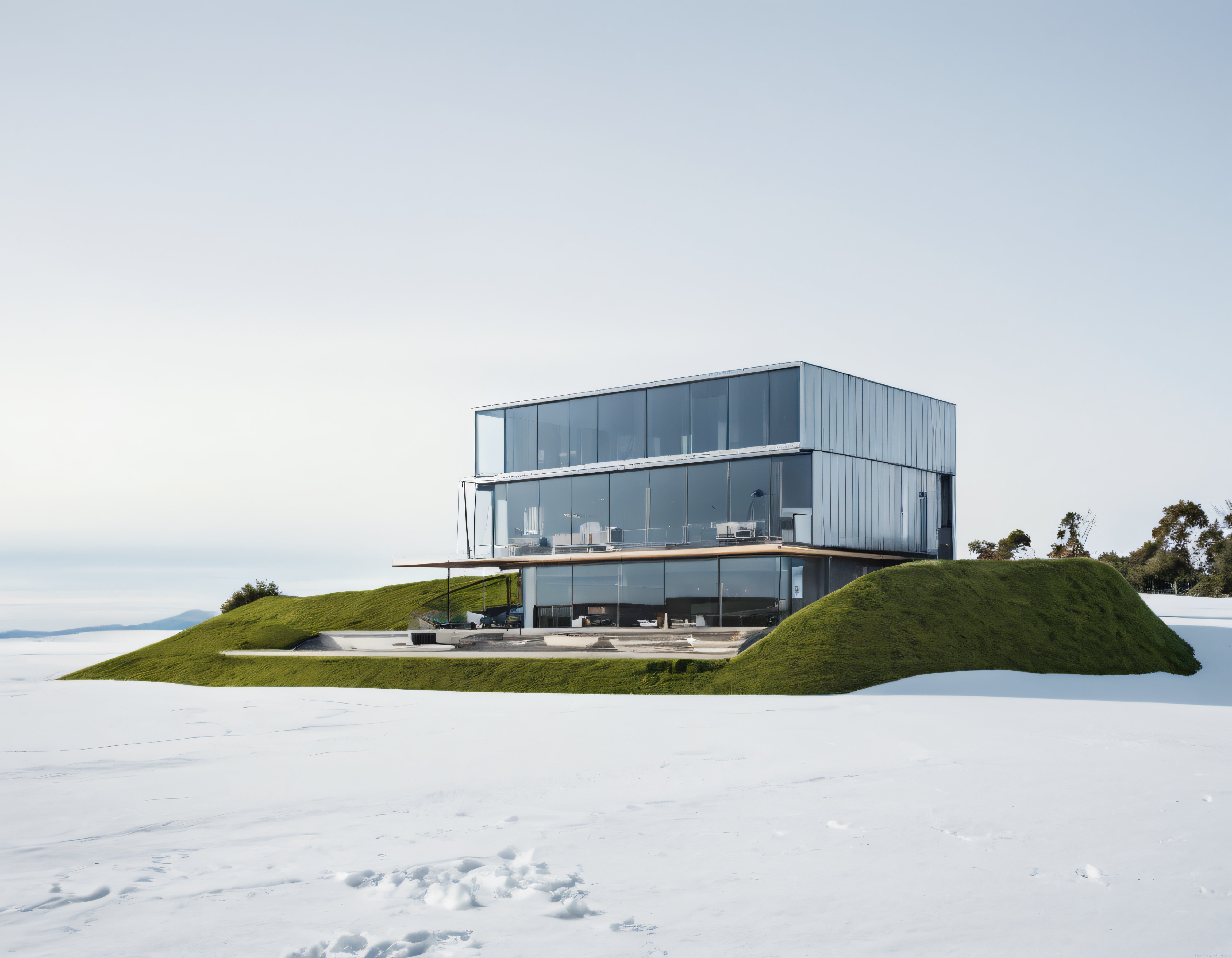 Karlı Manzarada Yeşil Tepenin Üzerinde Yükselen Modern Cam Villa