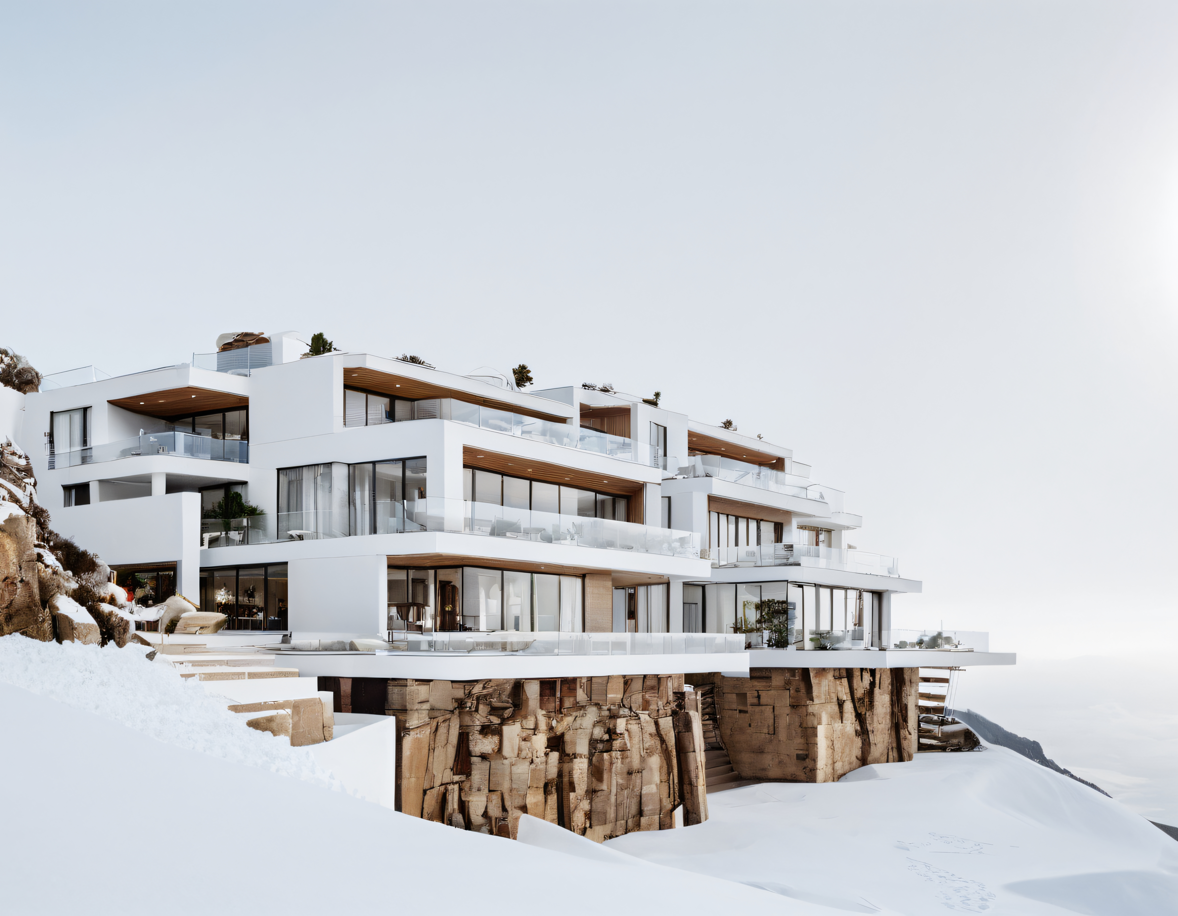 Karlı Manzaralı Kayalık Üzerindeki Modern Lüks Villa Tasarımı
