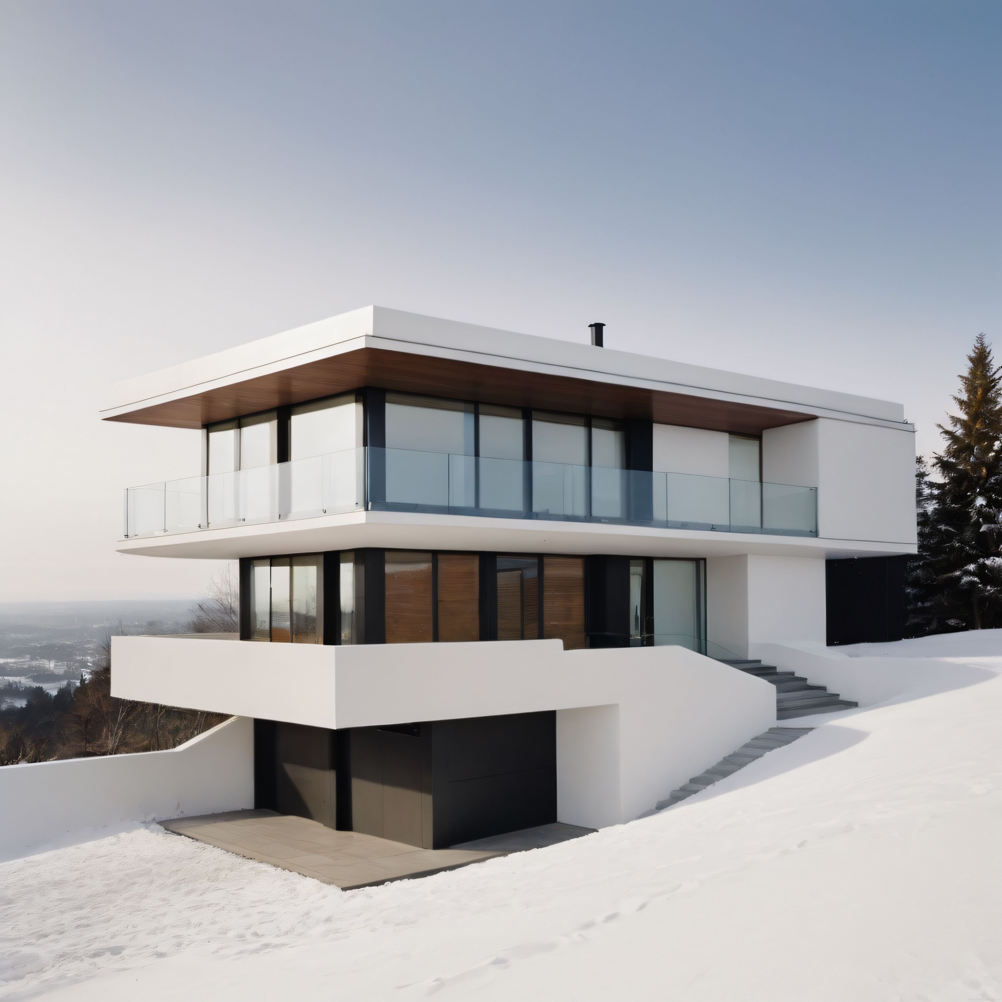 Karlı Manzaralı Tepede Konumlanan Modern ve Minimalist Lüks Villa Tasarımı