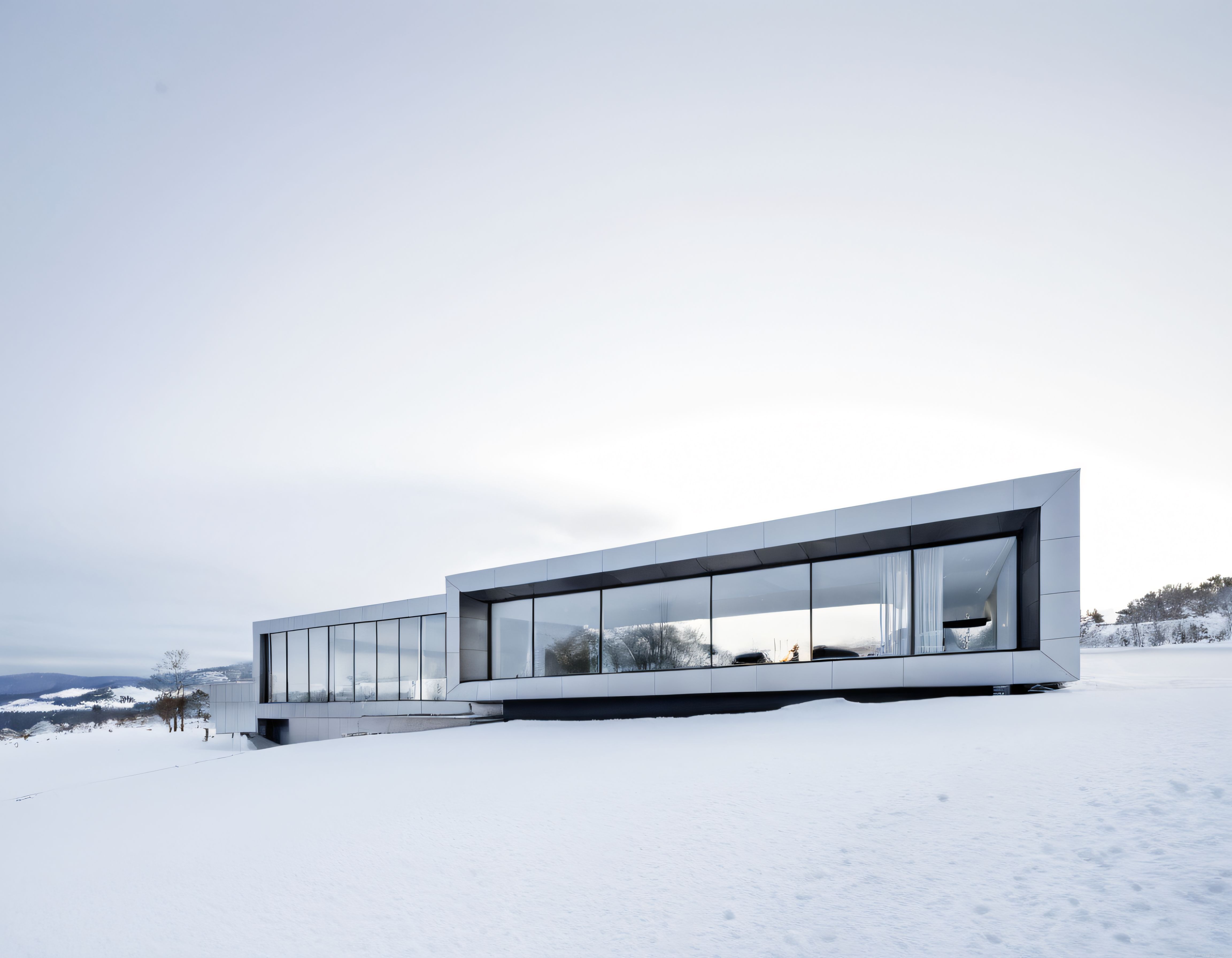 Karlı manzaralı yatay modern mimari cam cepheli minimalist konut