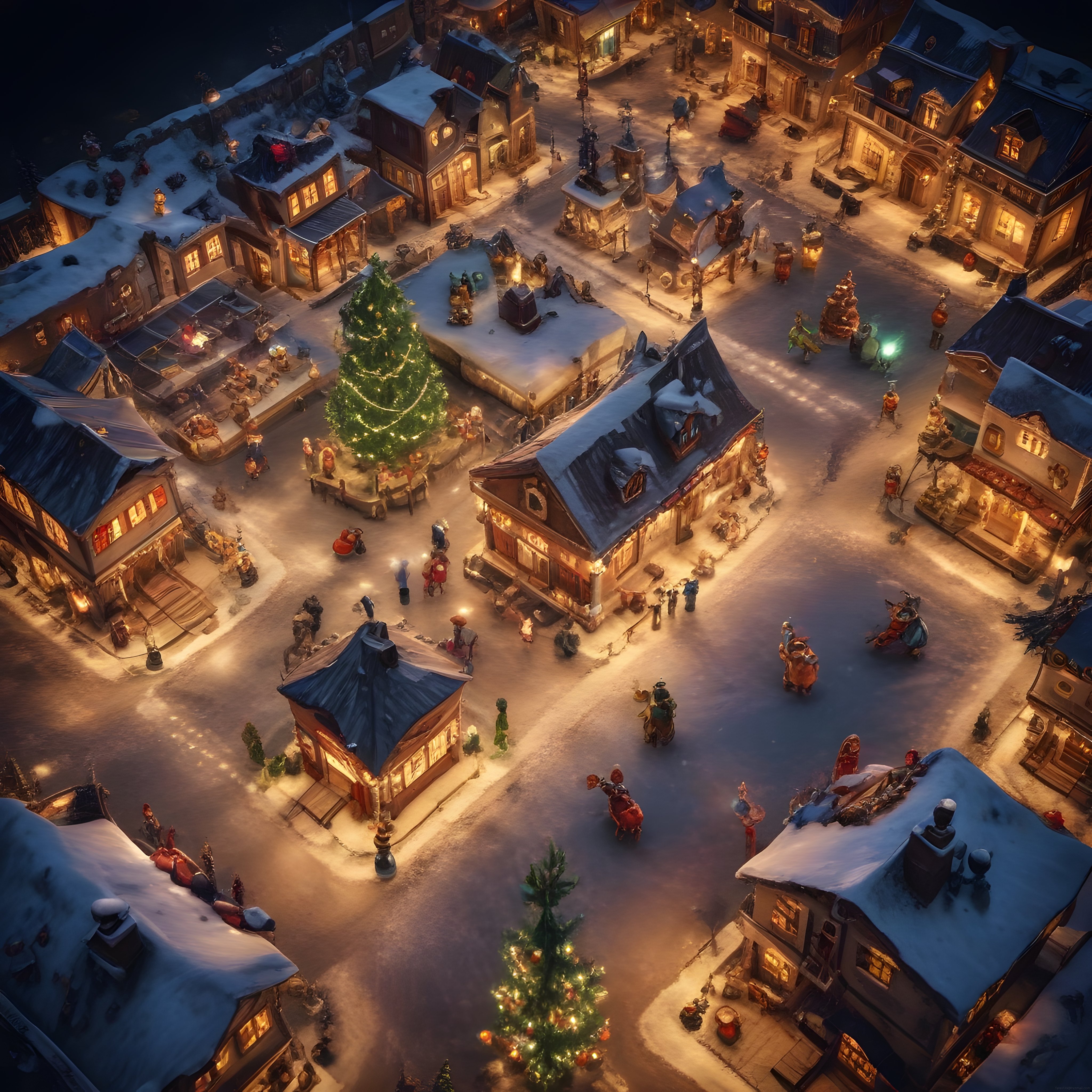 Karlı minyatür kasabada yılbaşı atmosferi ve ışıklı noel ağaçları