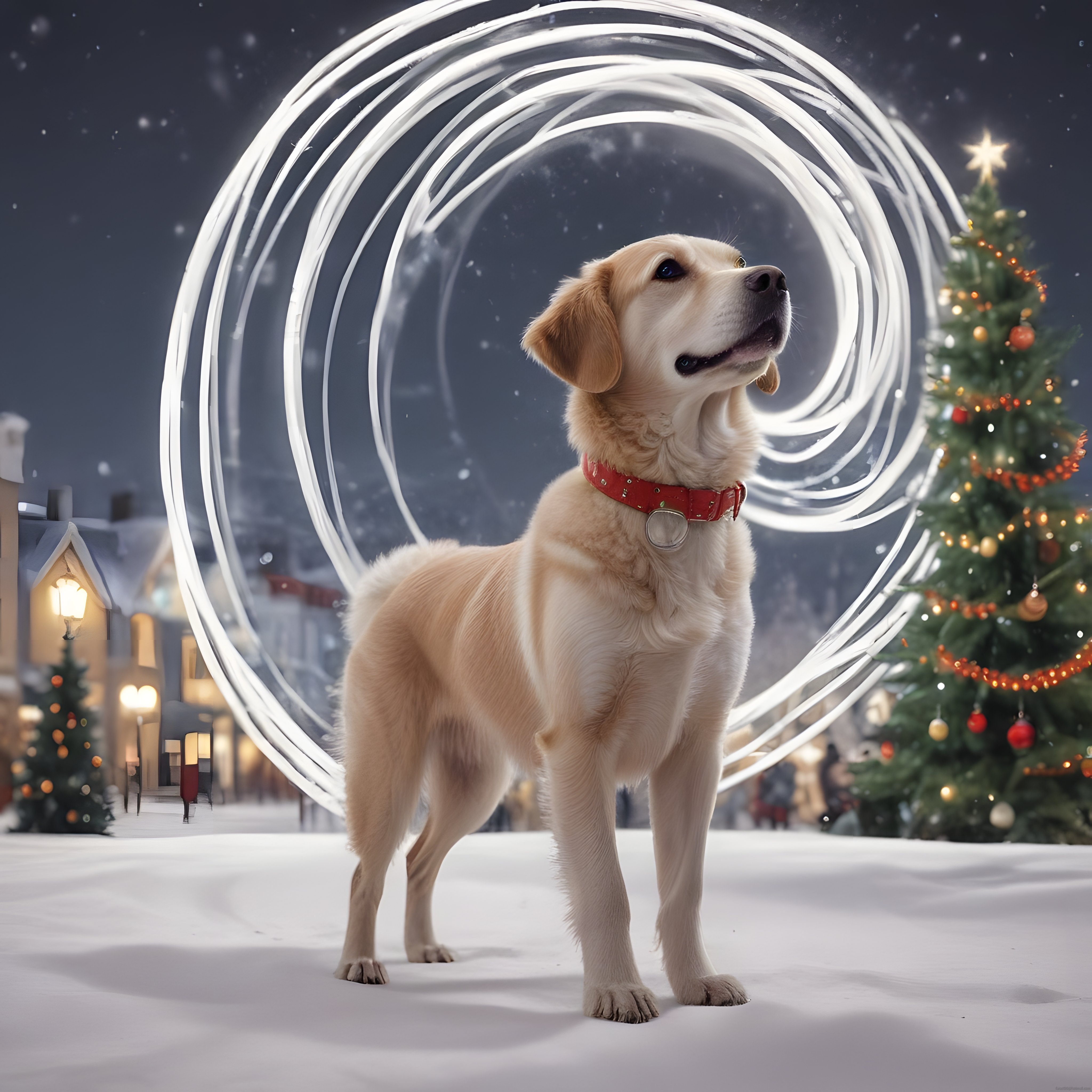 Karlı Noel Gecesinde Işık Halkası Önünde Duran Golden Retriever Köpek