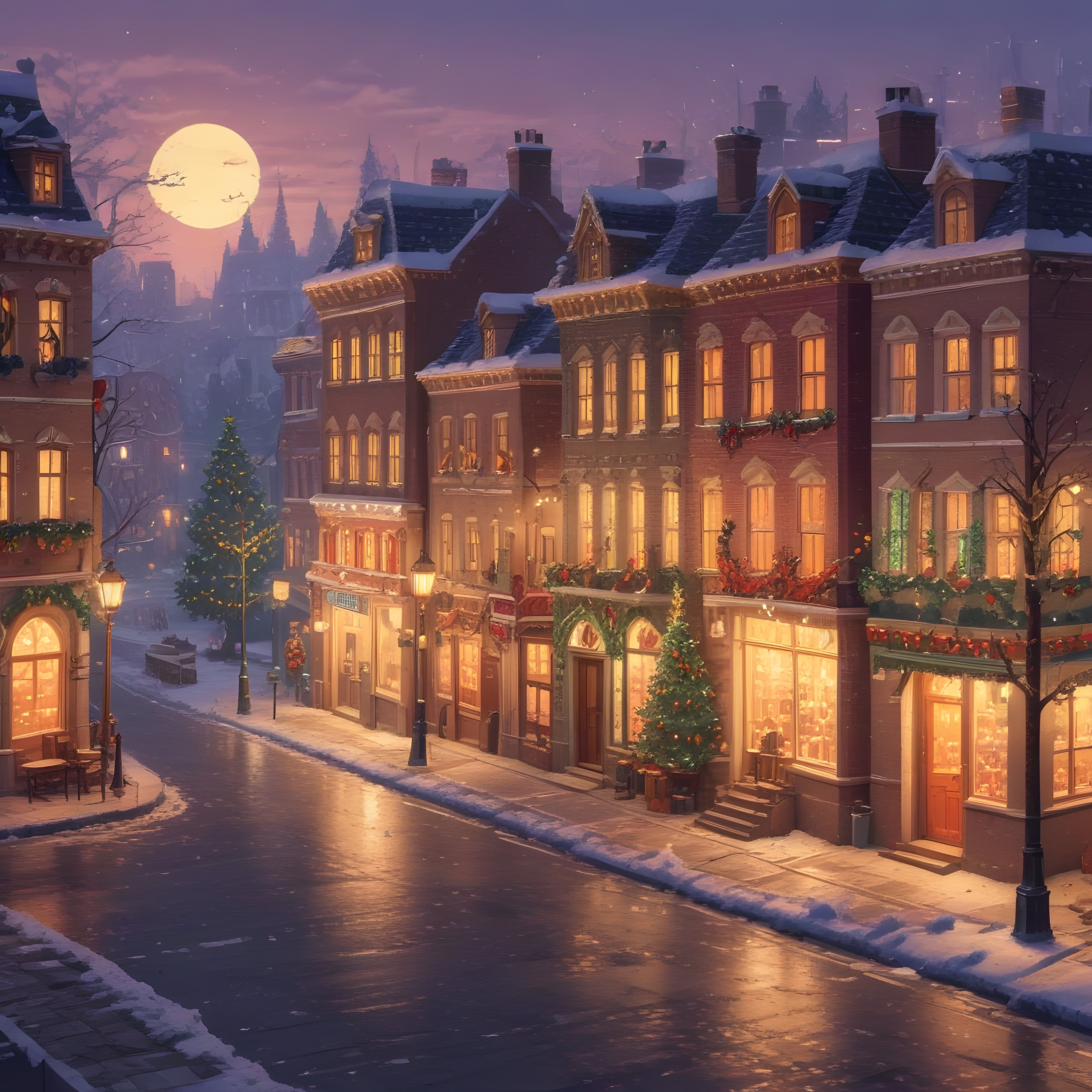Karlı Noel gecesinde ışıl ışıl aydınlanan nostaljik Avrupa sokakları ve dolunay