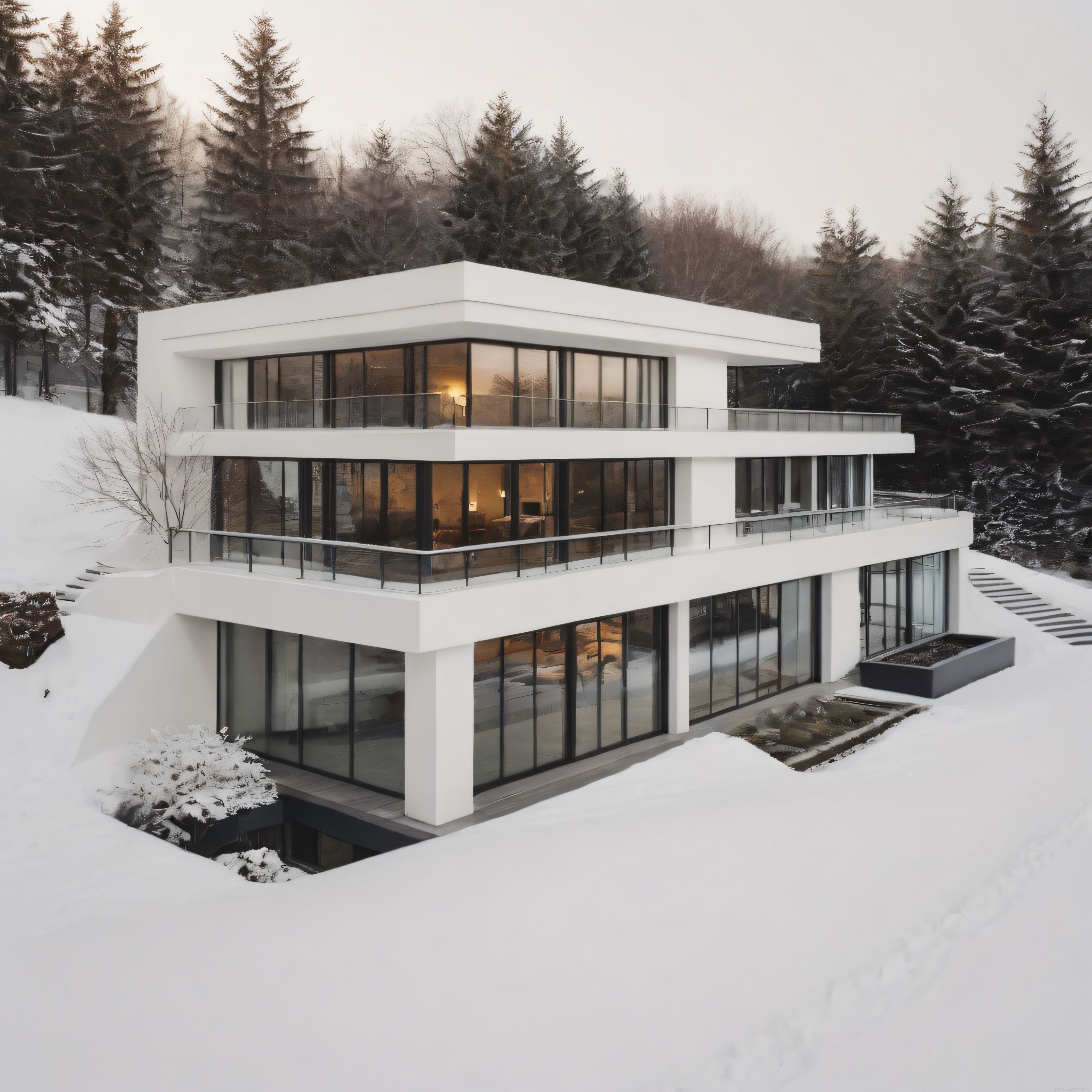 Karlı Orman İçinde Gömülü Cam Cepheli Lüks Modern Villa Tasarımı