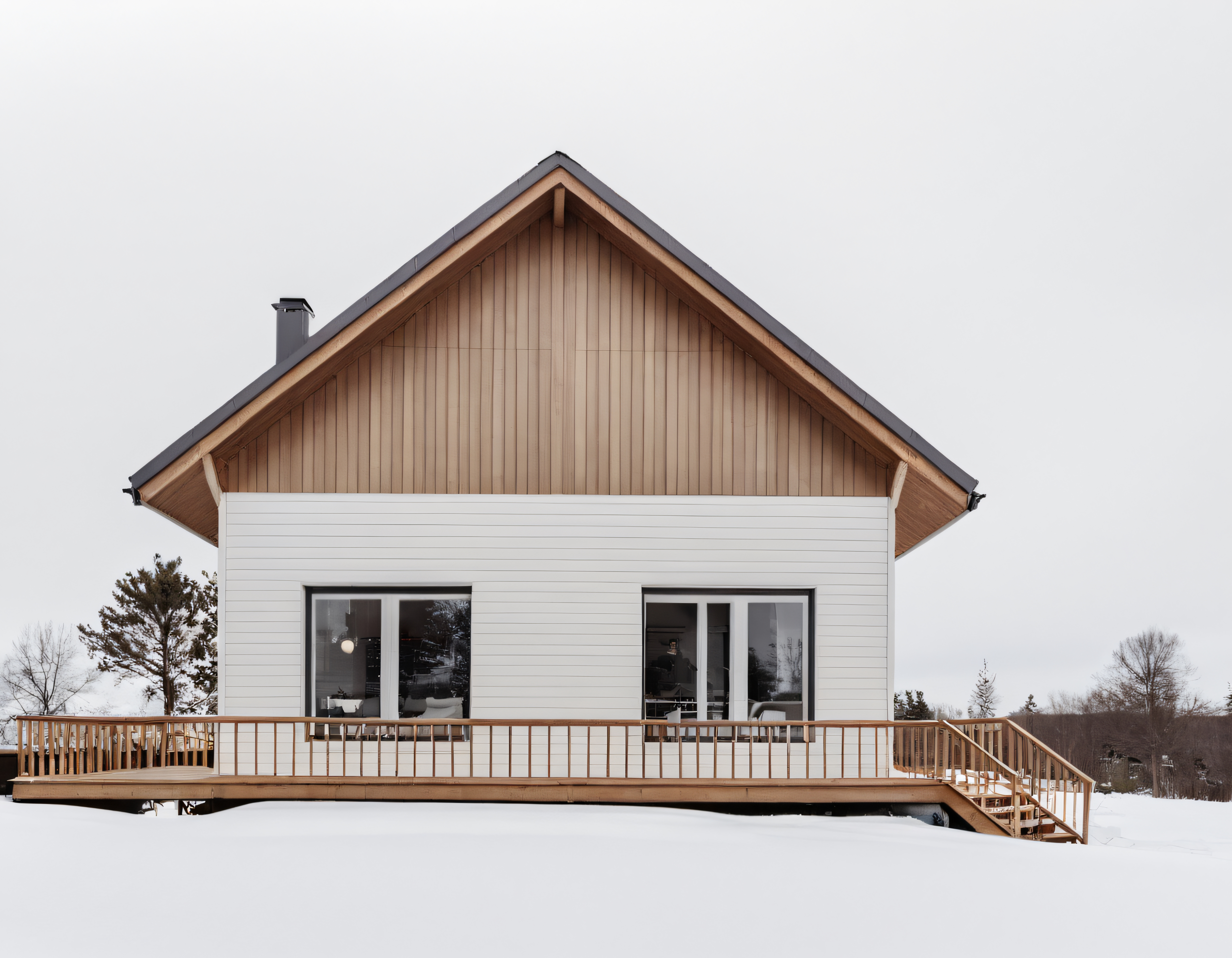 Karlı Orman Kenarında Geniş Ahşap Verandalı Modern Çatı Katlı Beyaz Dağ Evi
