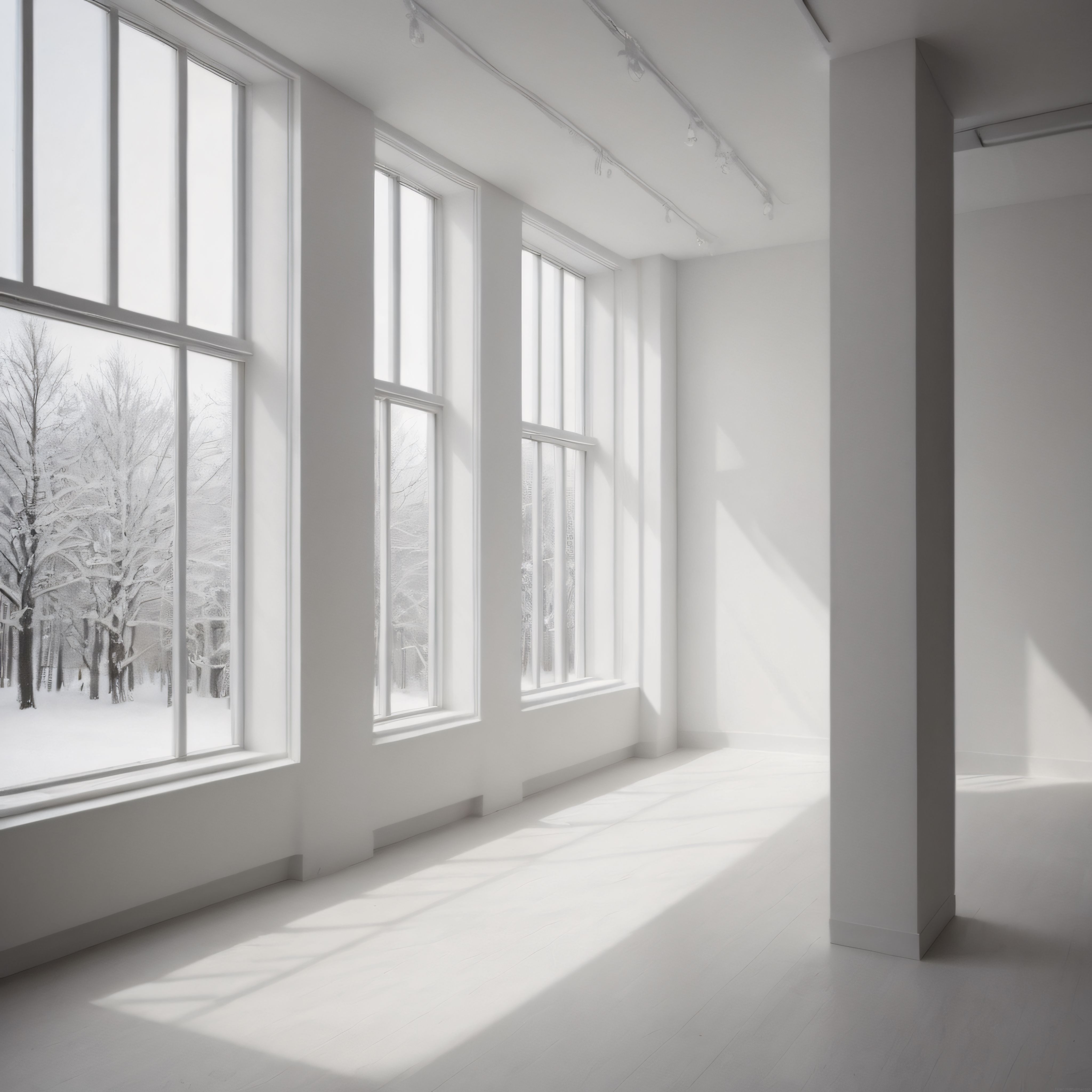 Karlı Orman Manzaralı Beyaz Minimalist İç Mekan ve Doğal Işık Oyunları