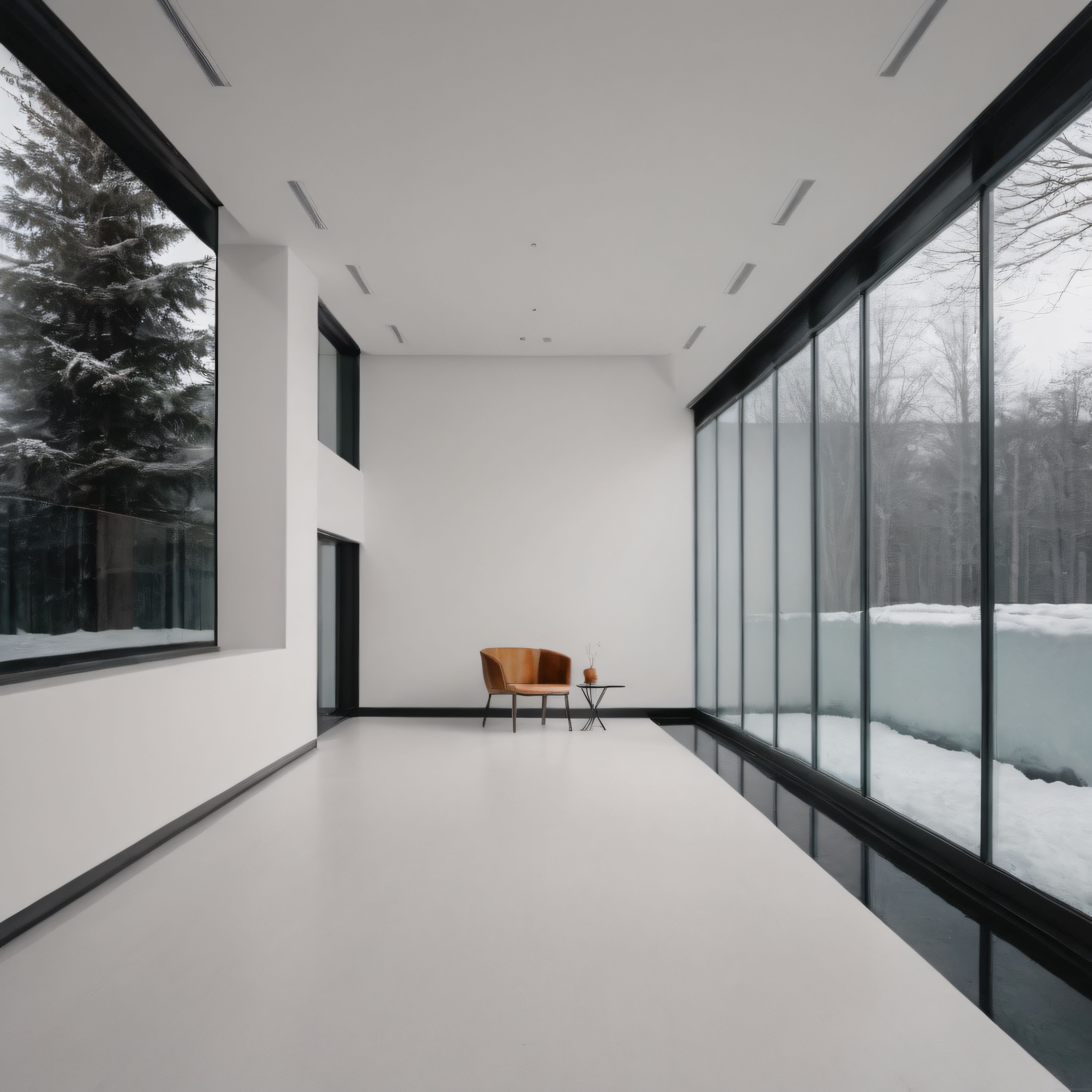Karlı Orman Manzaralı Minimalist Villa Salonu, Modern Tasarım Örneği