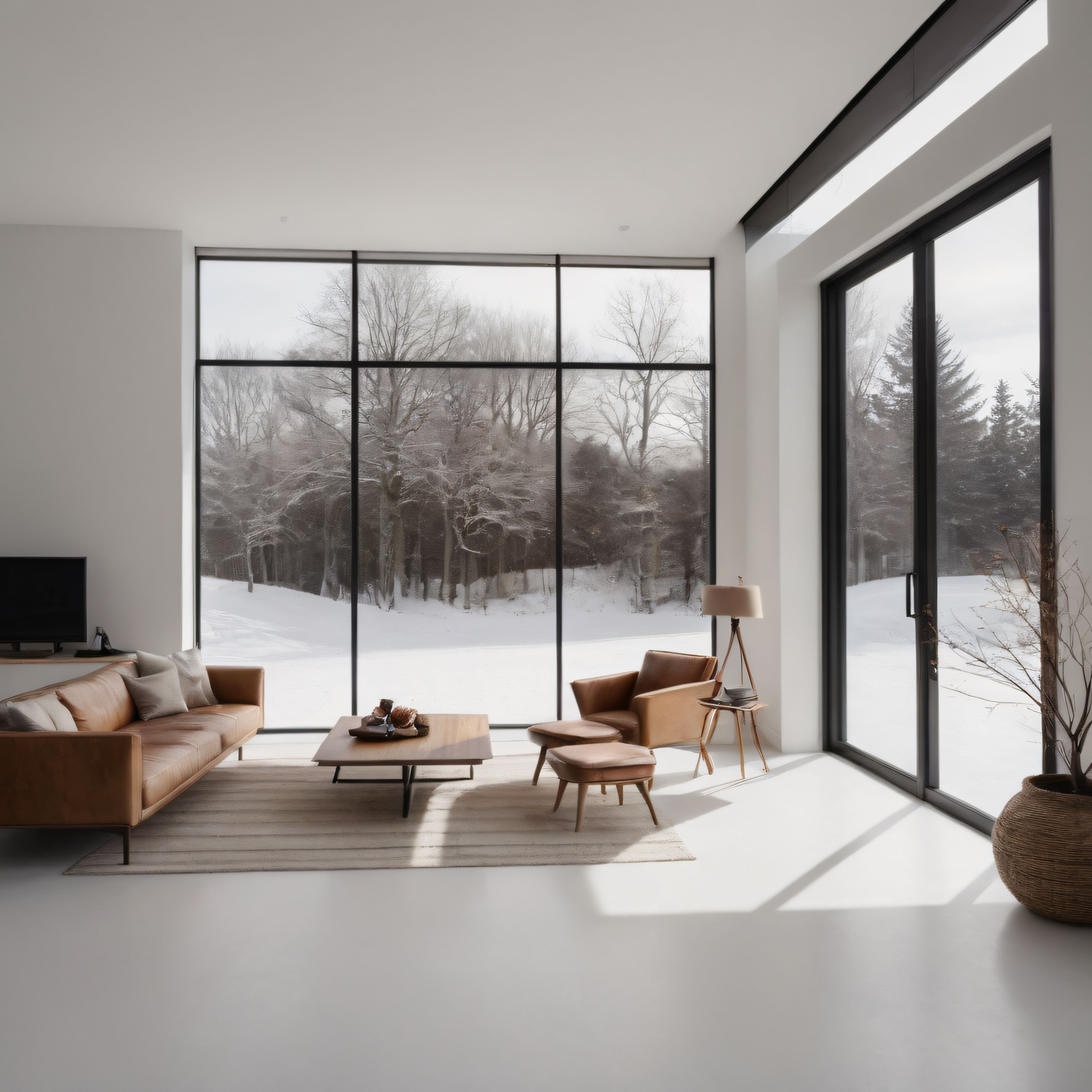 Karlı Orman Manzaralı Modern Minimalist Salon Dekorasyonu ve İç Mimari
