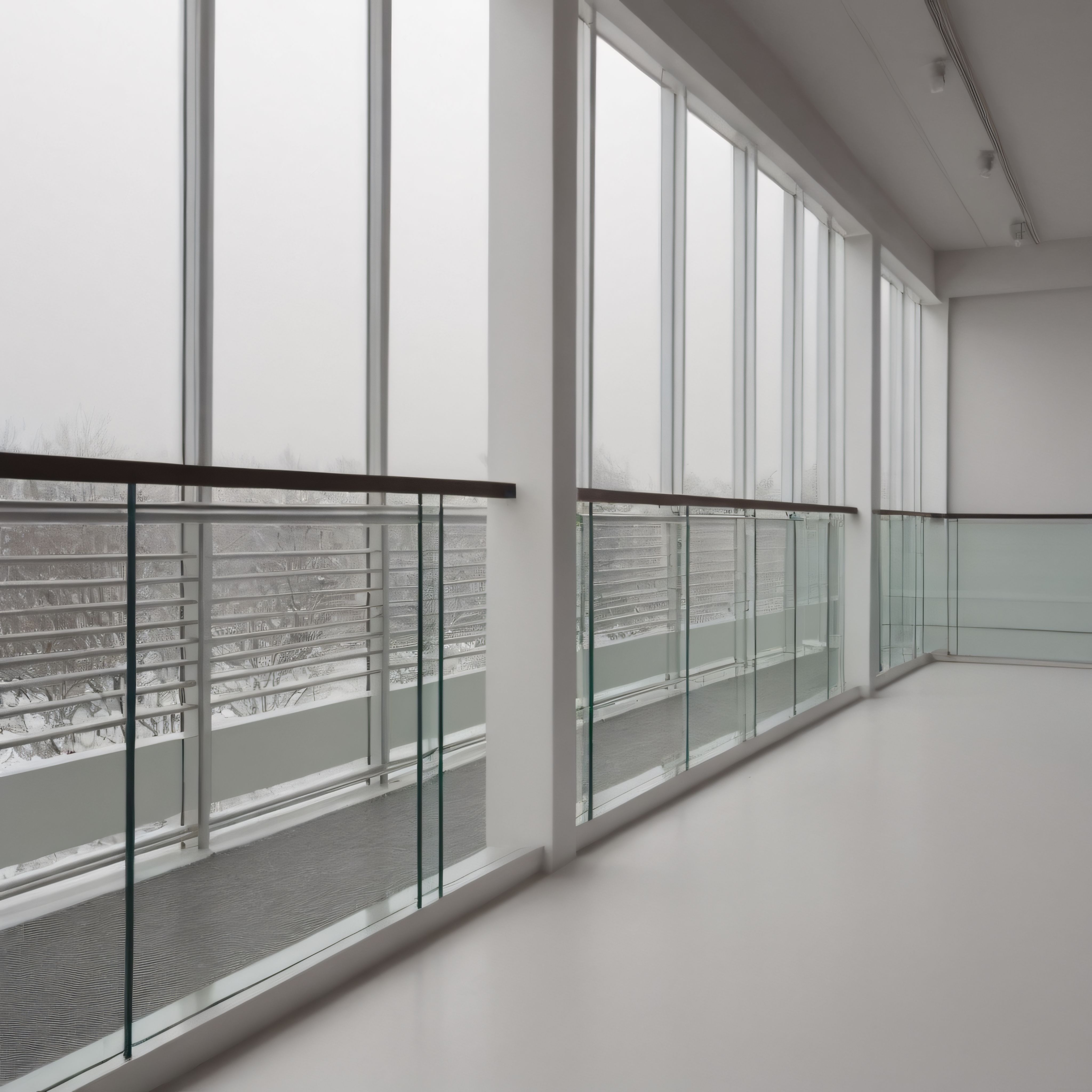 Karlı Orman Manzaralı Modern Ofis Koridoru ve Cam Korkuluk Detayları