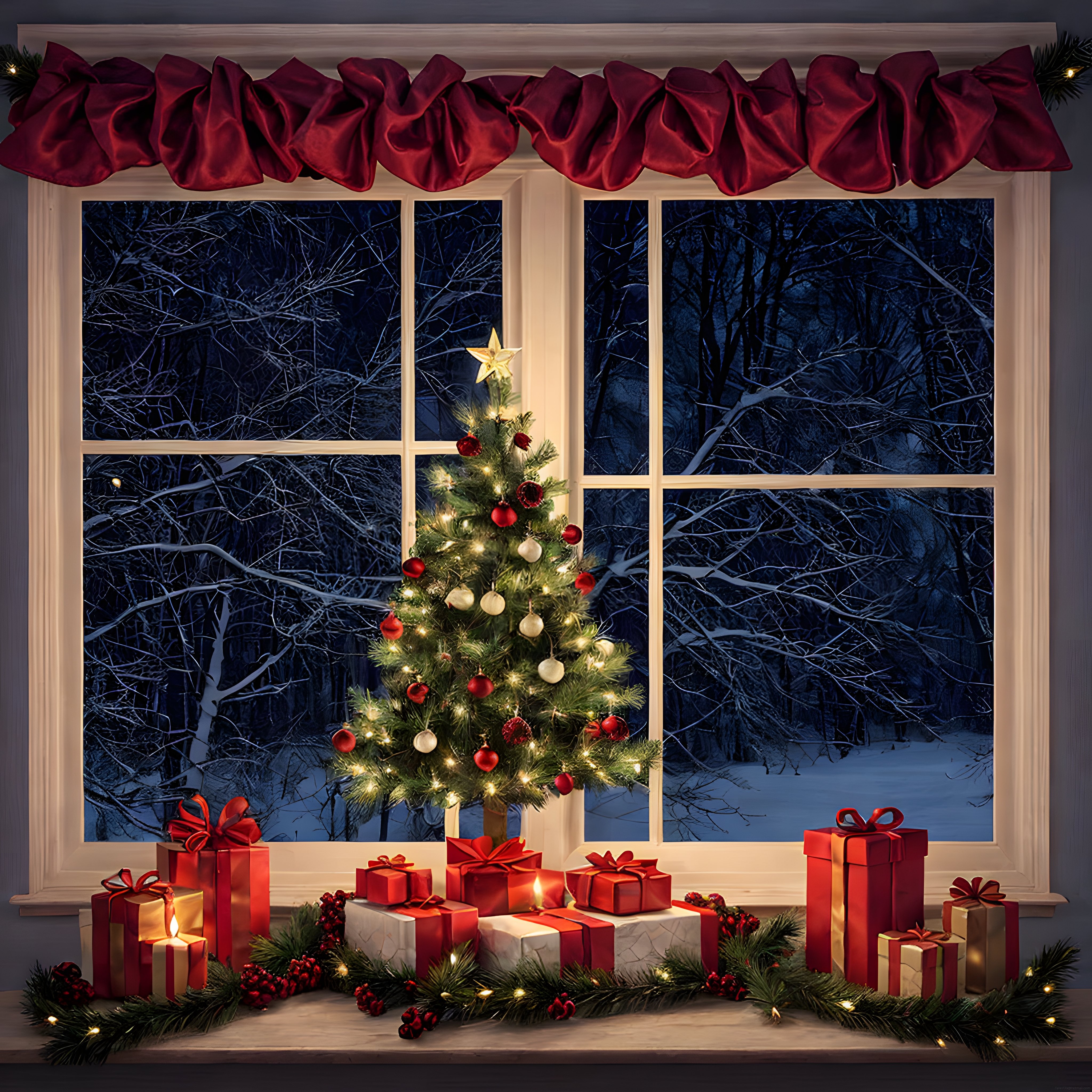 Karlı Orman Manzaralı Pencere Önünde Işıldayan Noel Ağacı ve Hediyeler