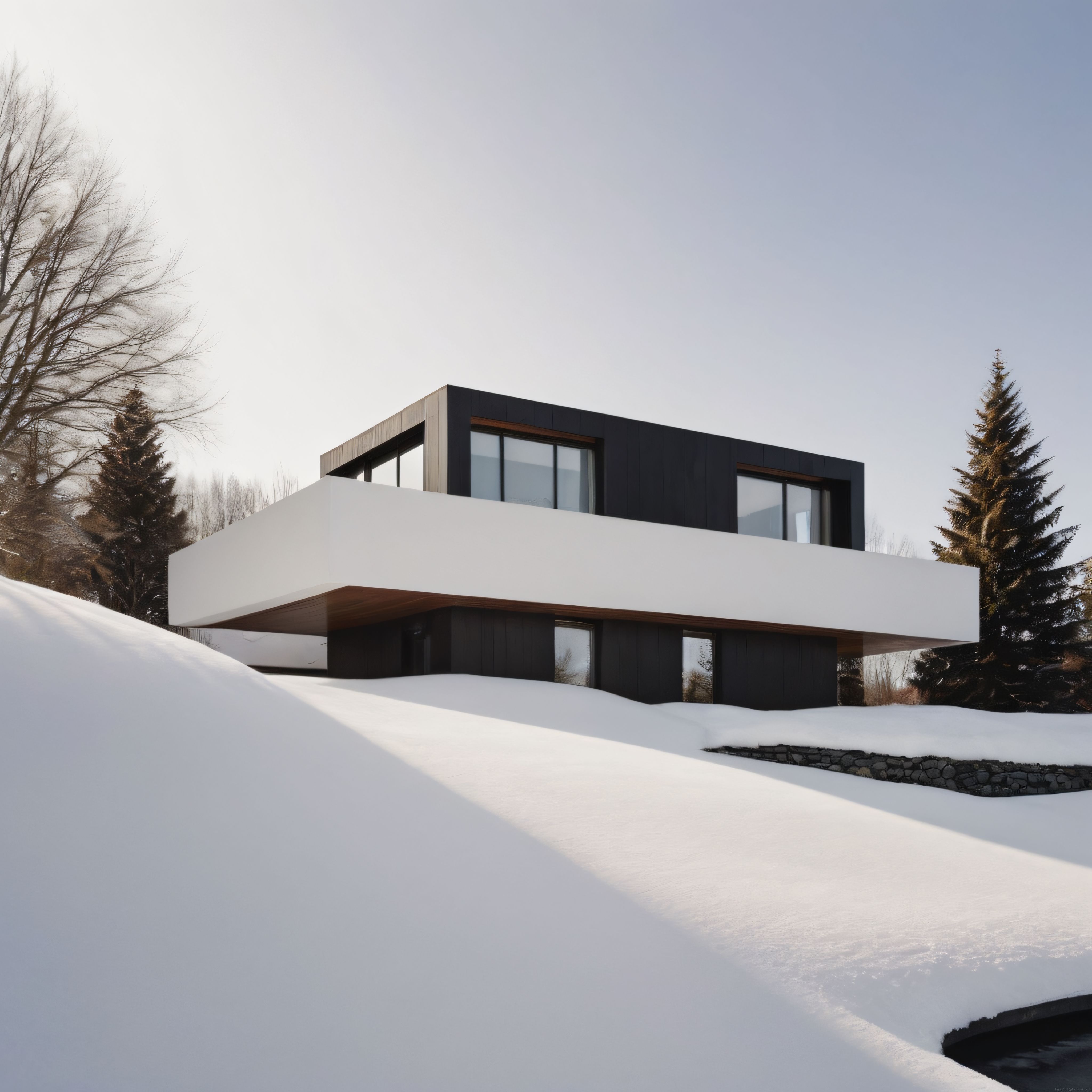 Karlı Orman Manzarası İçinde Siyah Beyaz Modern Villa Tasarımı