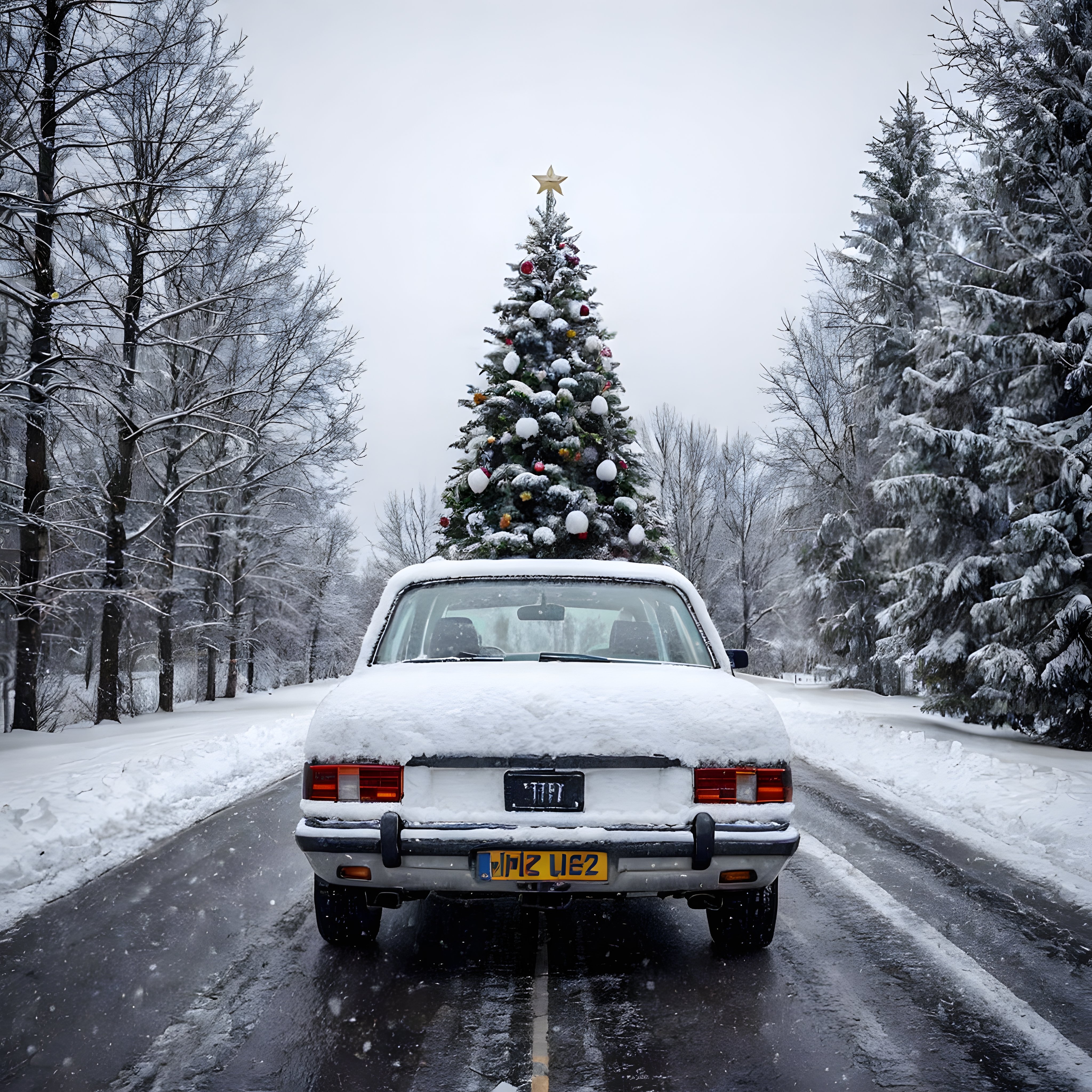 Karlı Orman Yolunda Üzerinde Süslenmiş Noel Ağacı Olan Nostaljik Araba