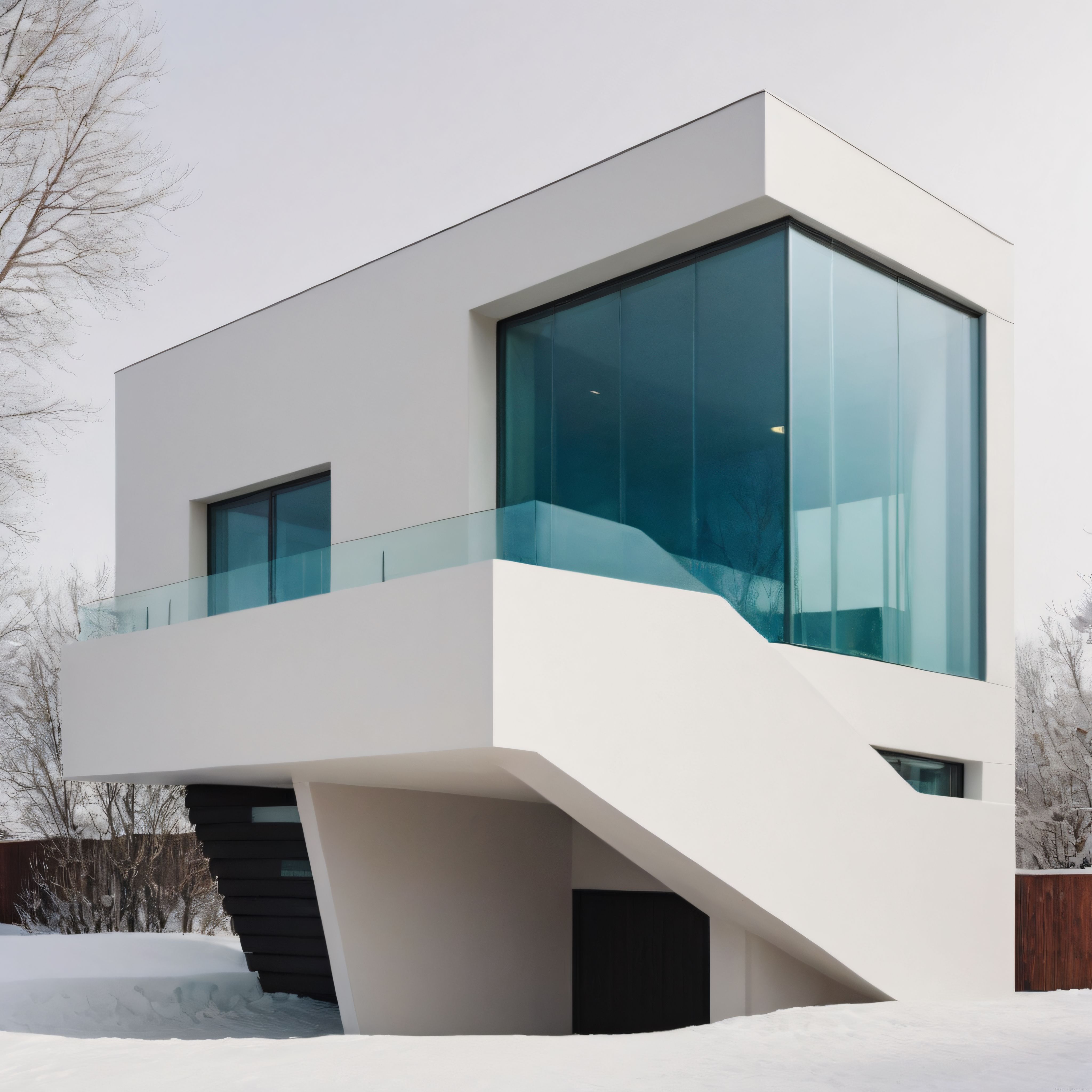 Karlı Ormanda Beyaz Cepheli ve Geniş Cam Panelleriyle Modern Villa