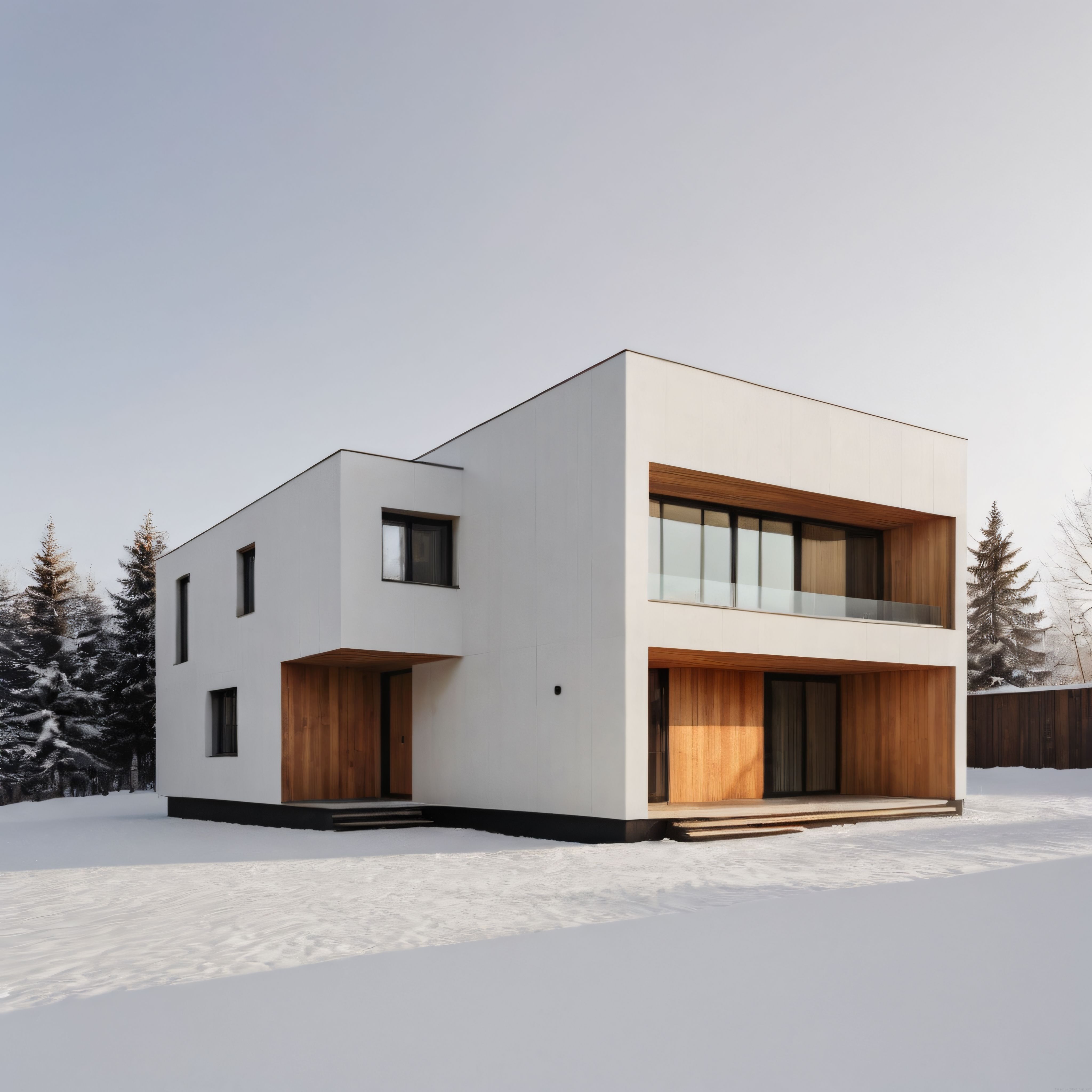 Karlı ormanda beyaz ve ahşap detaylı modern minimalist villa tasarımı