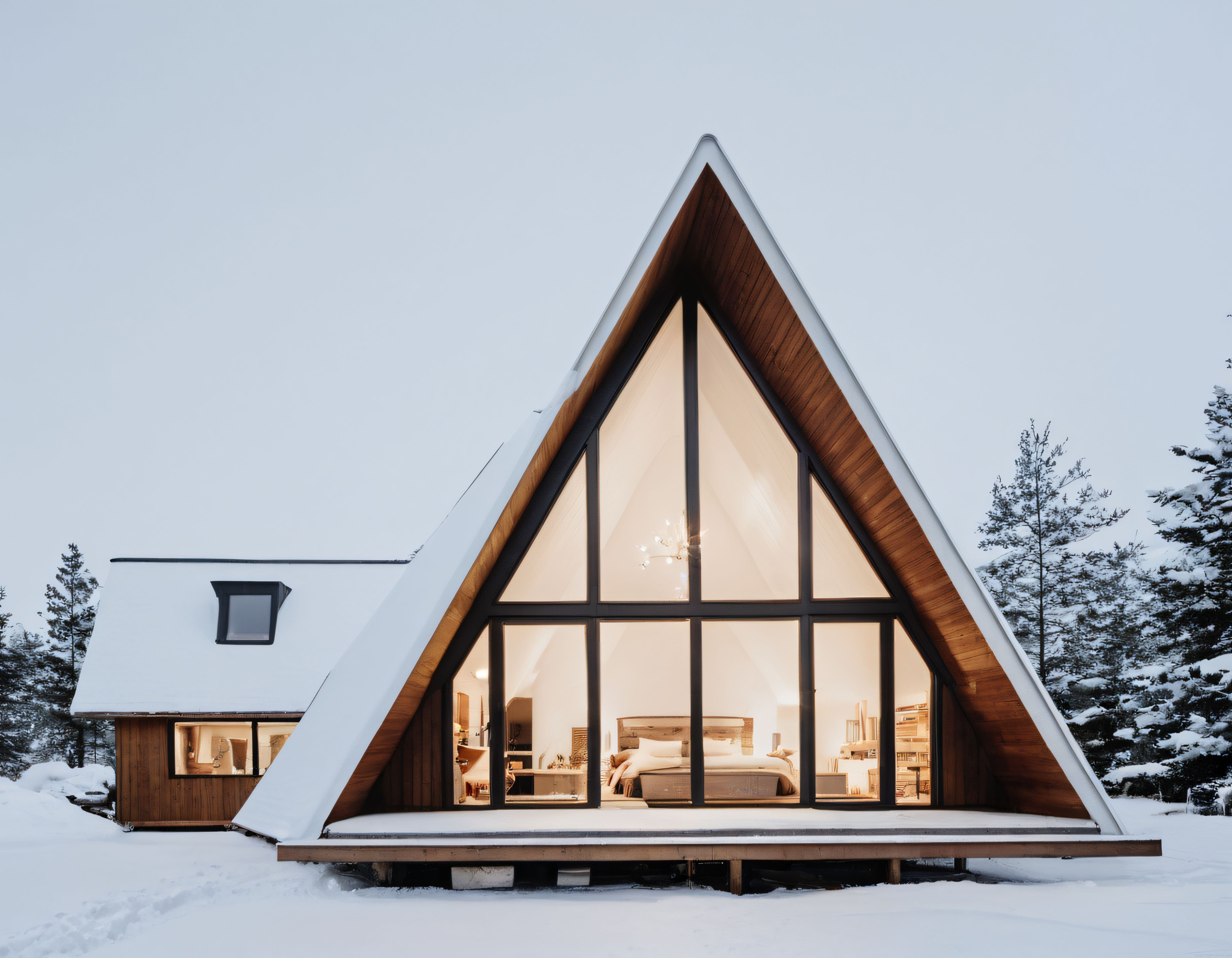 Karlı Ormanda Büyük Camlı Modern A-Frame Ahşap Kulübe ve Sıcak İç Mekan Tasarımı