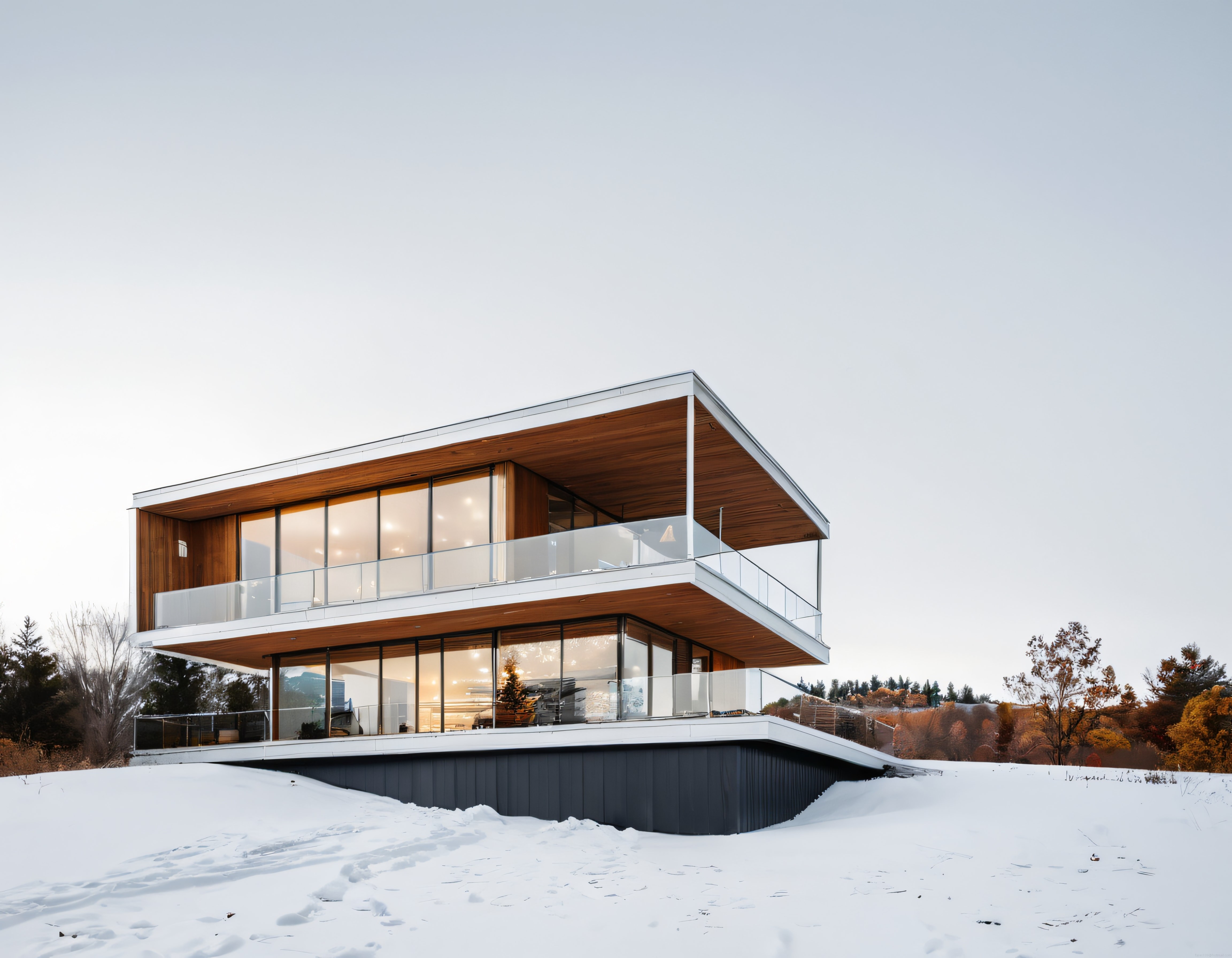 Karlı Ormanda Büyük Camlı ve Ahşap Detaylı Modern Mimari Villa