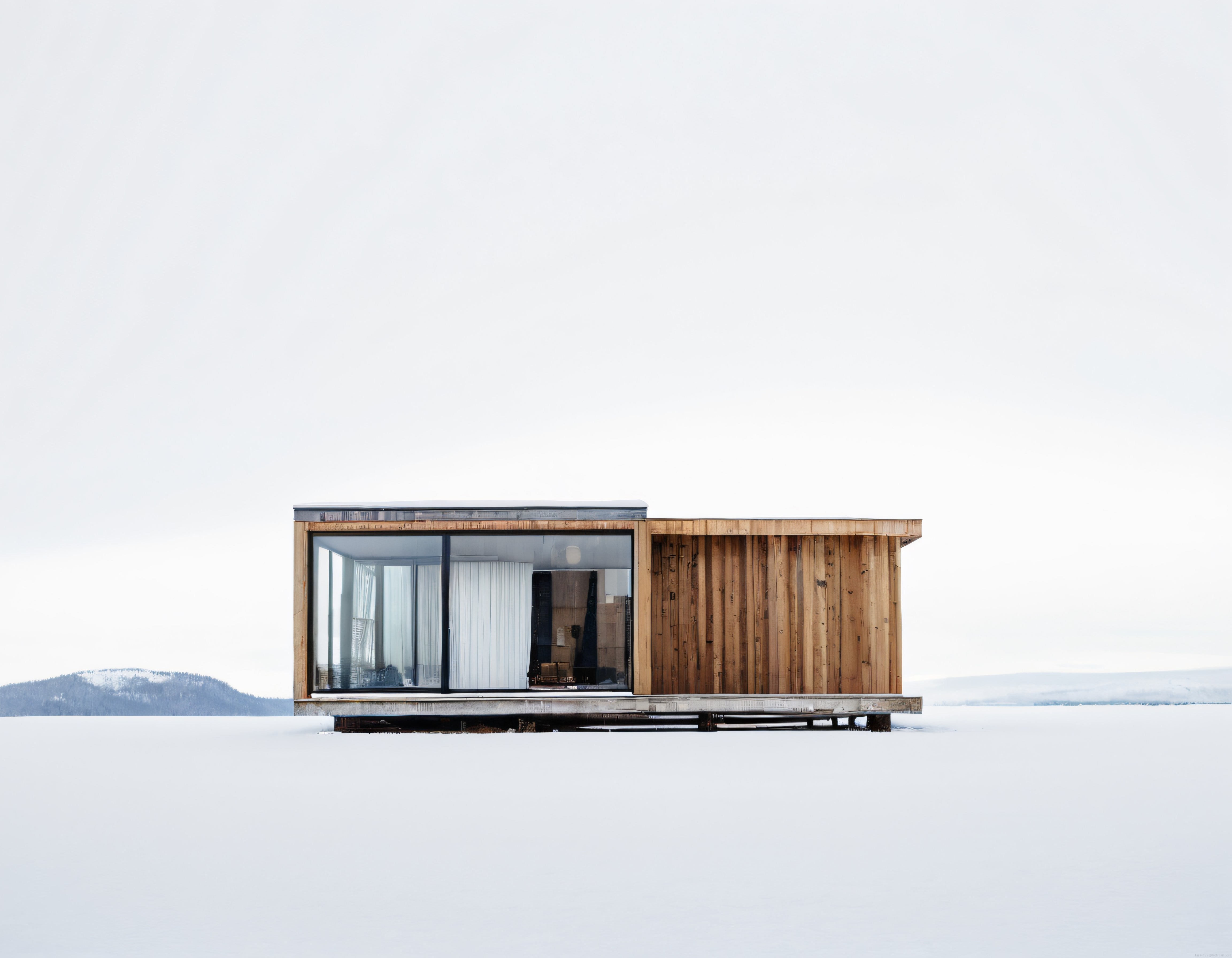 Karlı Ormanda Büyük Pencereli Modern Ahşap ve Cam Minimalist Kulübe
