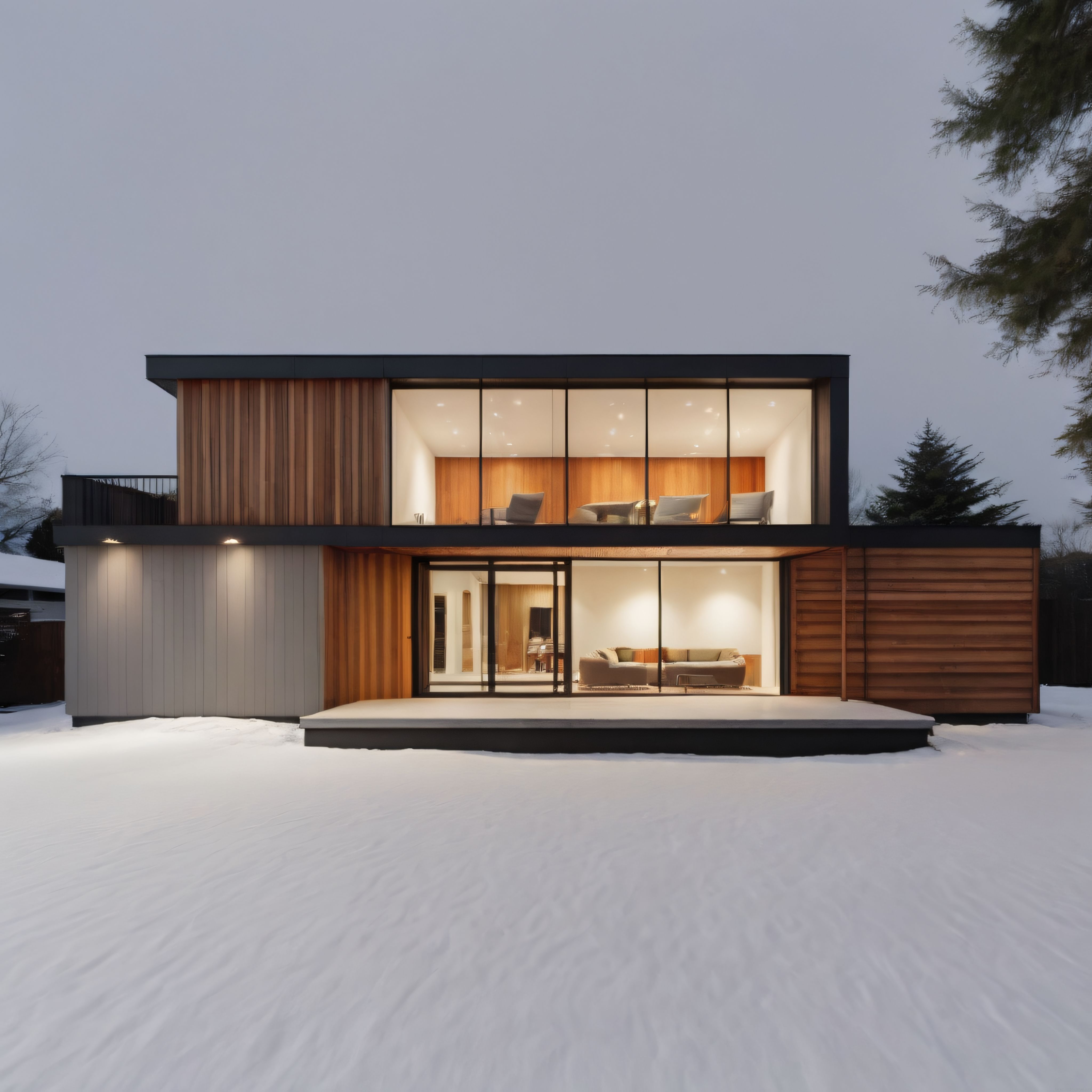 Karlı Ormanda Cam Cepheli Modern Ahşap Ev ve Minimalist Mimari