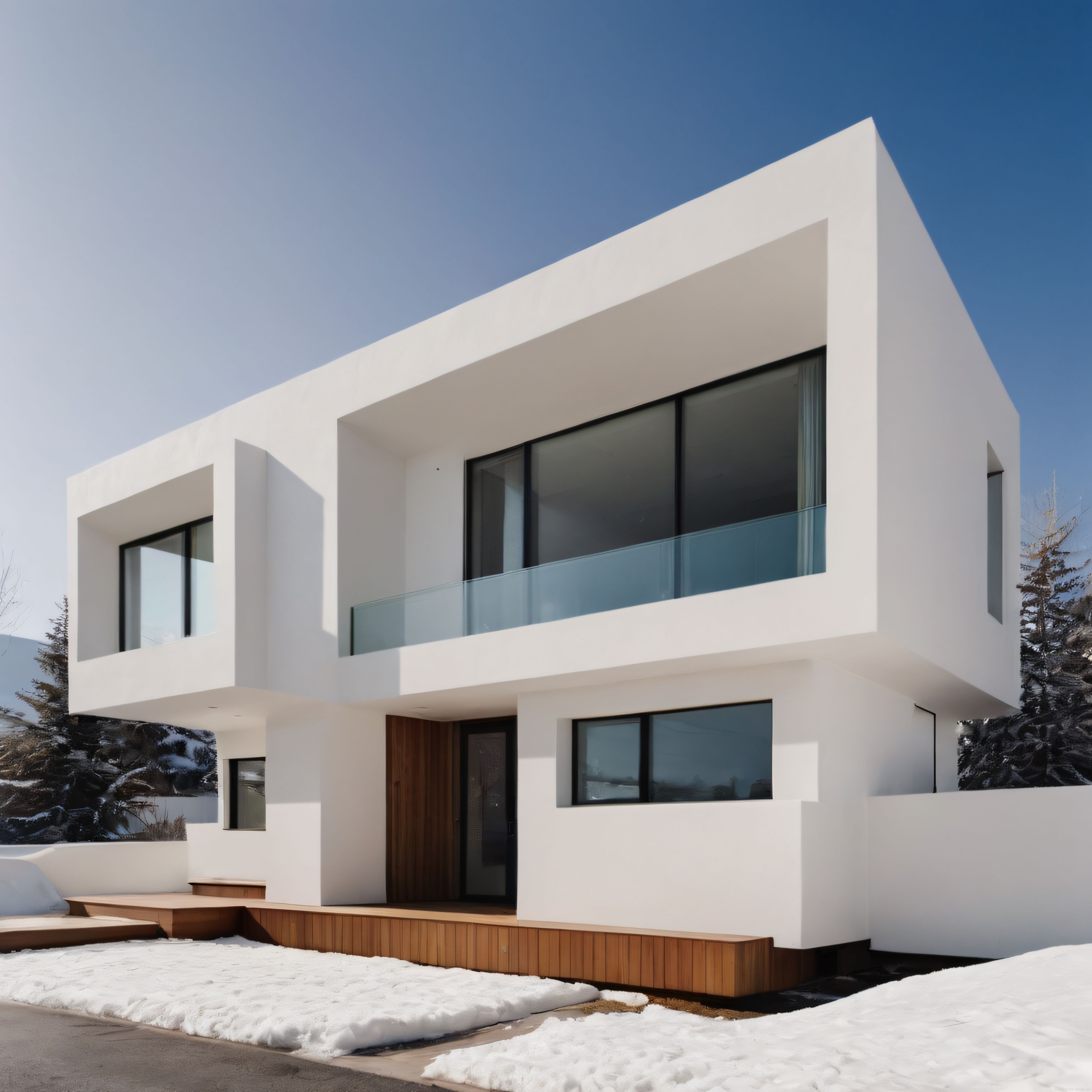 Karlı Ormanda Cam Korkuluklu Balkonu ve Ahşap Detaylarıyla Modern Beyaz Villa