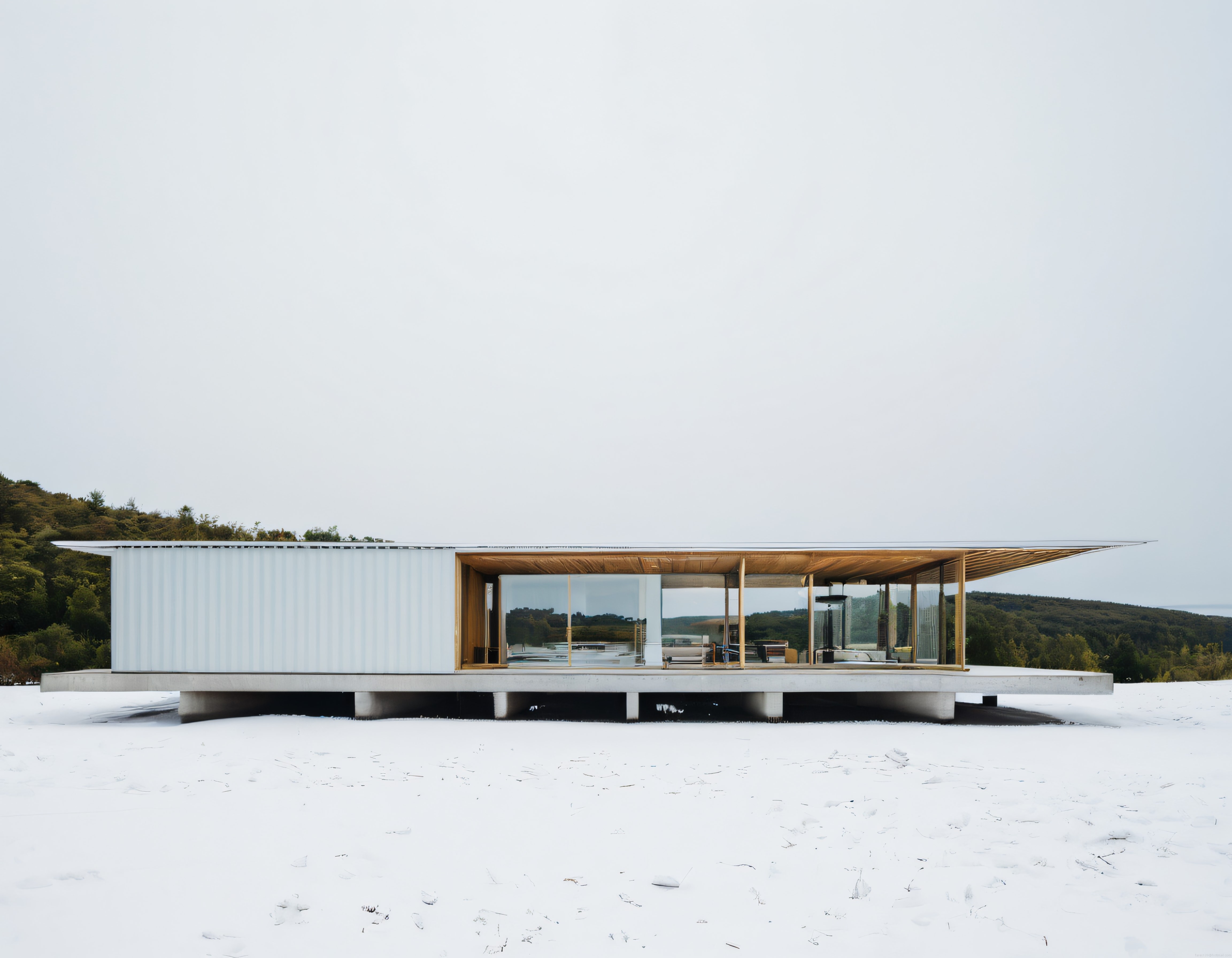 Karlı Ormanda Cam ve Ahşap Detaylı Modern Minimalist Villa Tasarımı