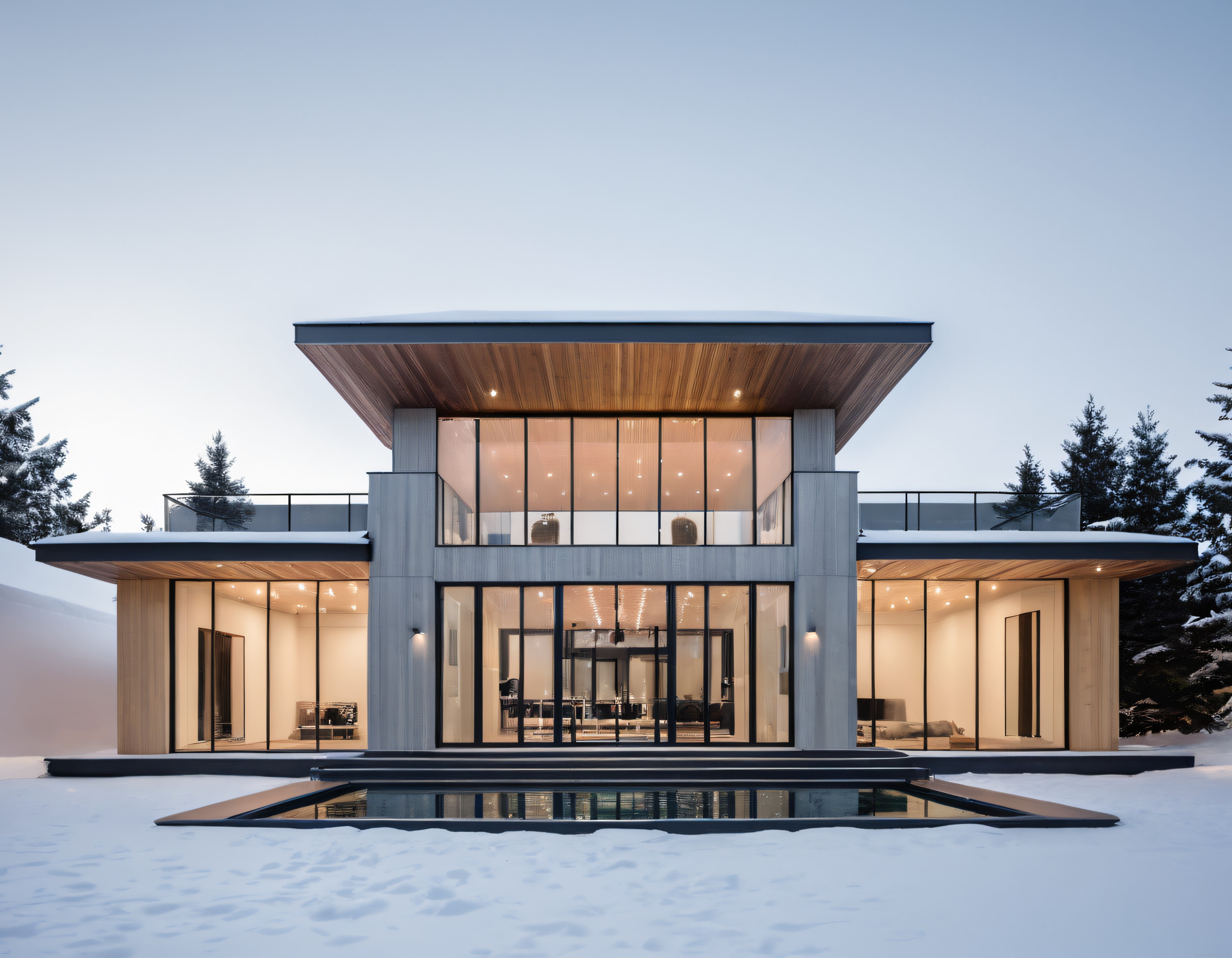 Karlı Ormanda Cam ve Ahşap Detaylı Modern Villa ile Minimalist Havuz Tasarımı