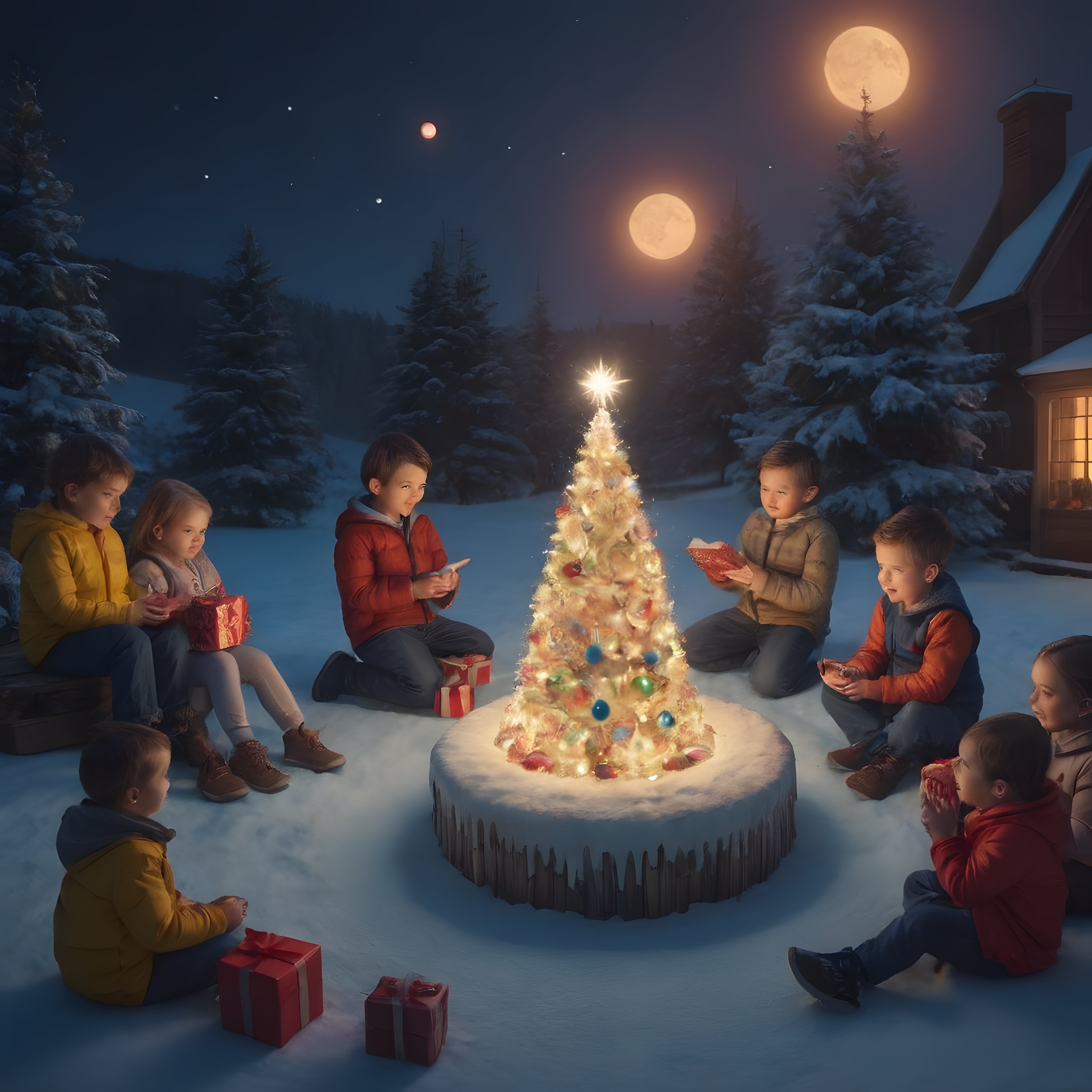 Karlı Ormanda Çocukların Sıcacık Noel Kutlaması ve Işıltılı Ağaç