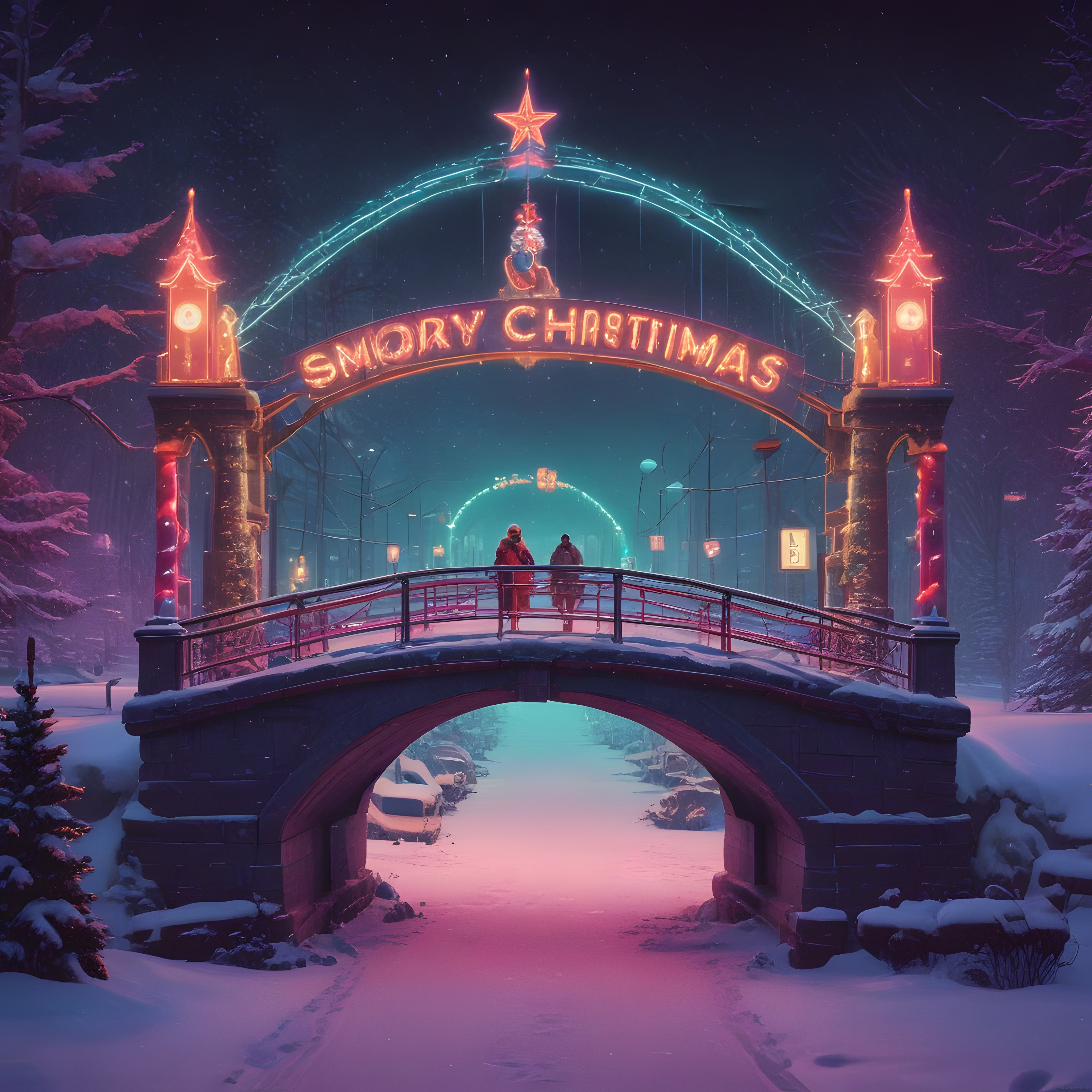 Karlı Ormanda Cyberpunk Neon Işıklı Noel Kemeri ve Taş Köprü Manzarası