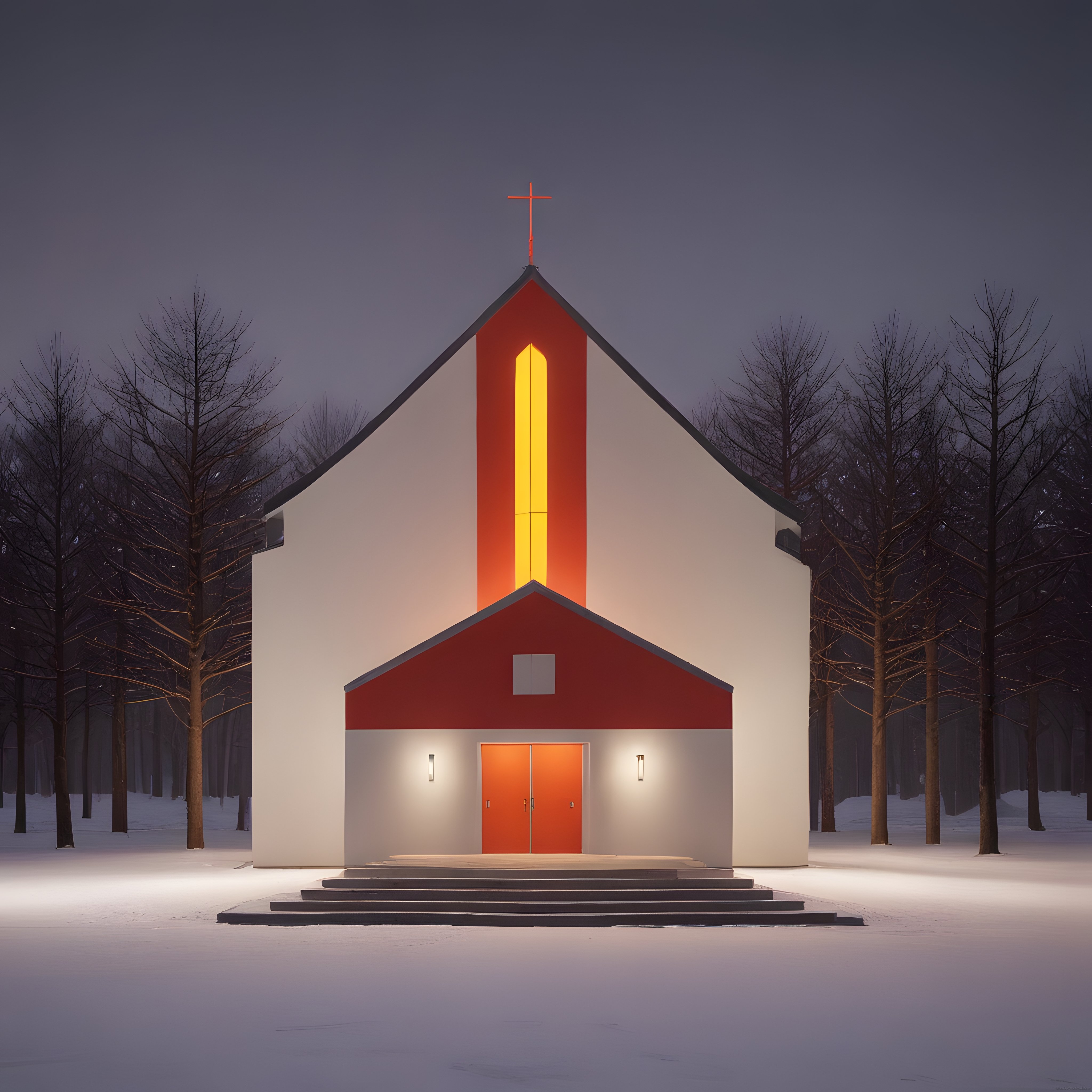 Karlı Ormanda Geceleri Işıldayan Modern Kırmızı Beyaz Minimalist Kilise Tasarımı