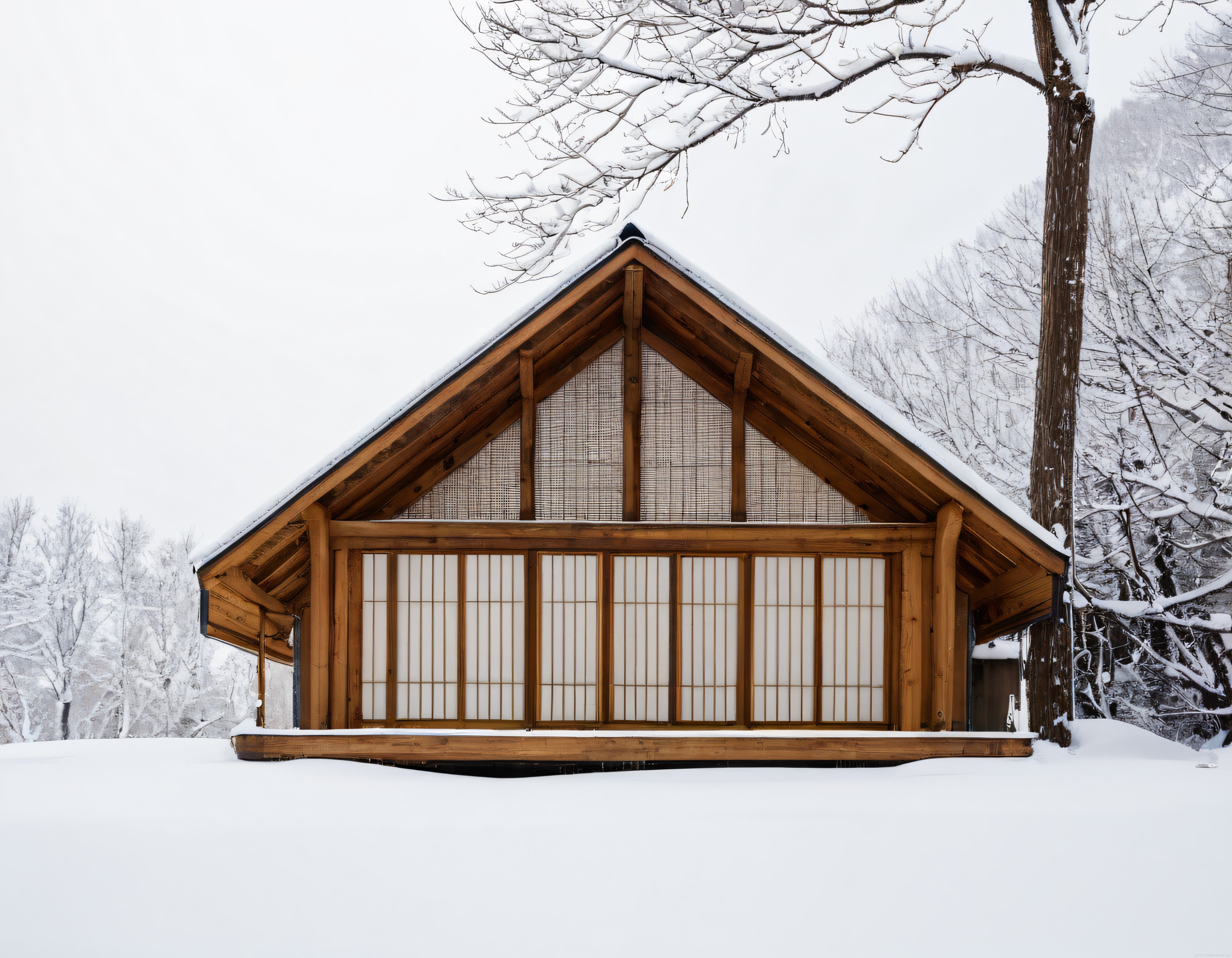 Karlı Ormanda Geleneksel Ahşap Japon Evinin Huzur Veren Kış Manzarası
