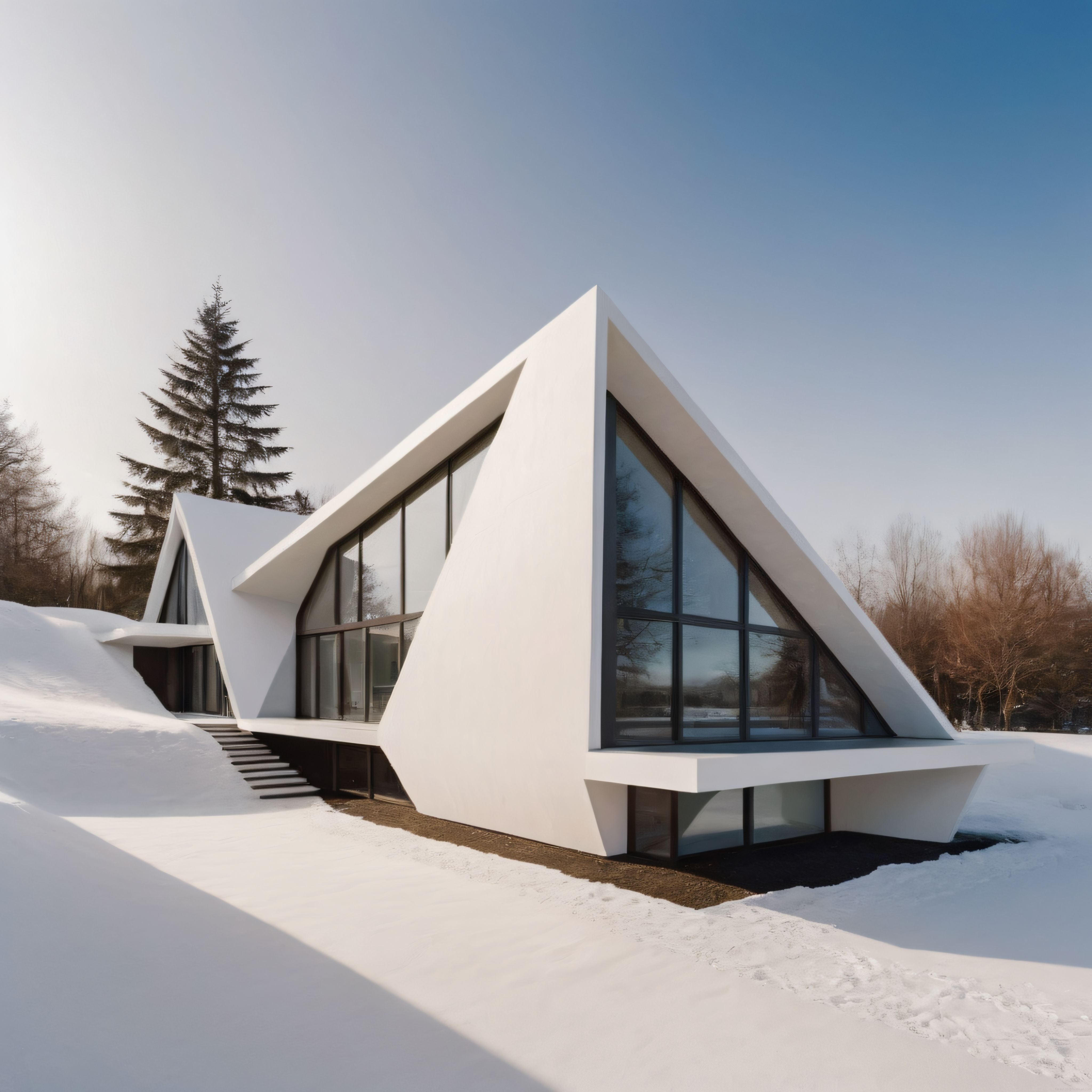 Karlı Ormanda Geometrik Hatlara Sahip Çağdaş ve Minimalist Bir Dağ Evi