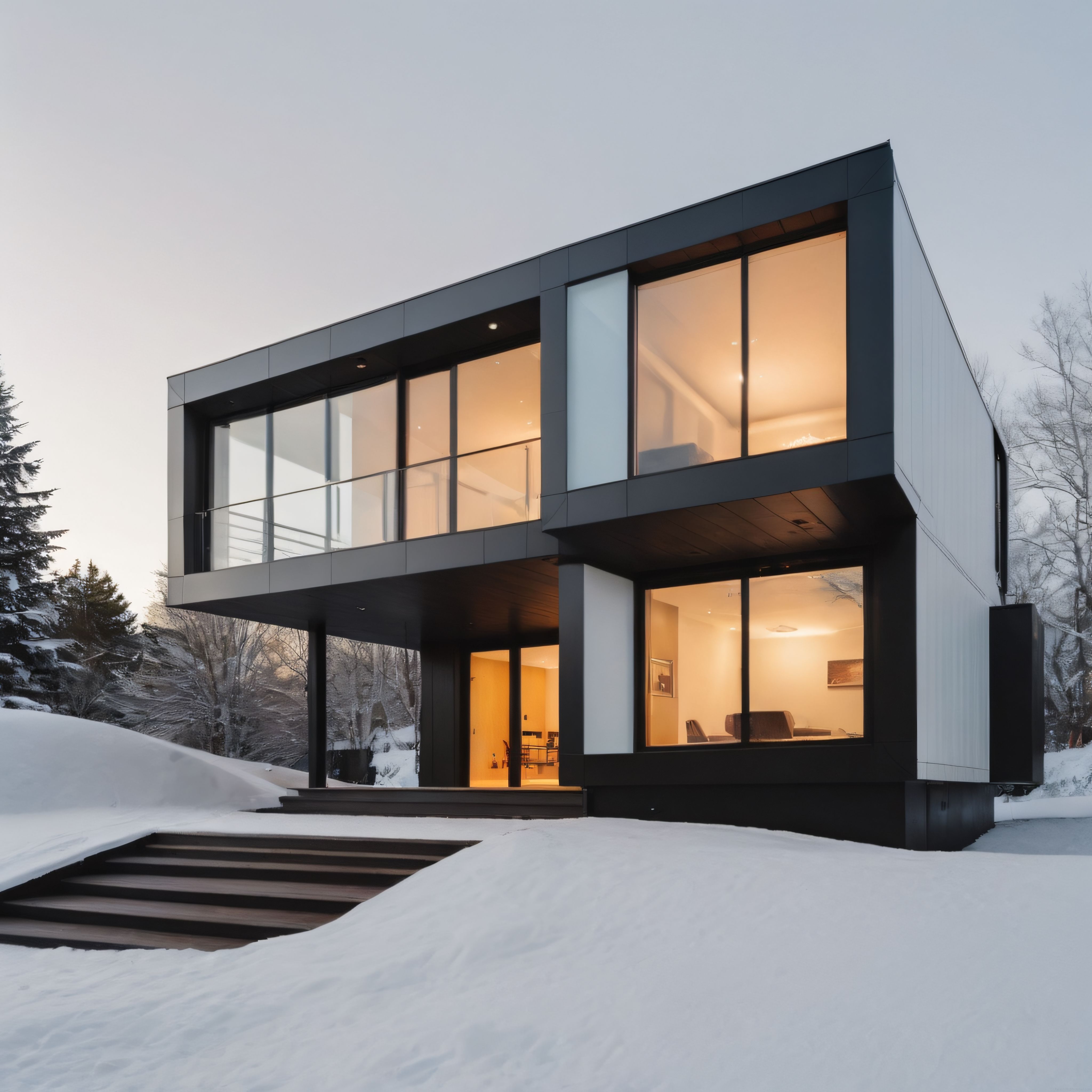Karlı Ormanda Geometrik Hatlarıyla Dikkat Çeken Modern Cam Cepheli Villa