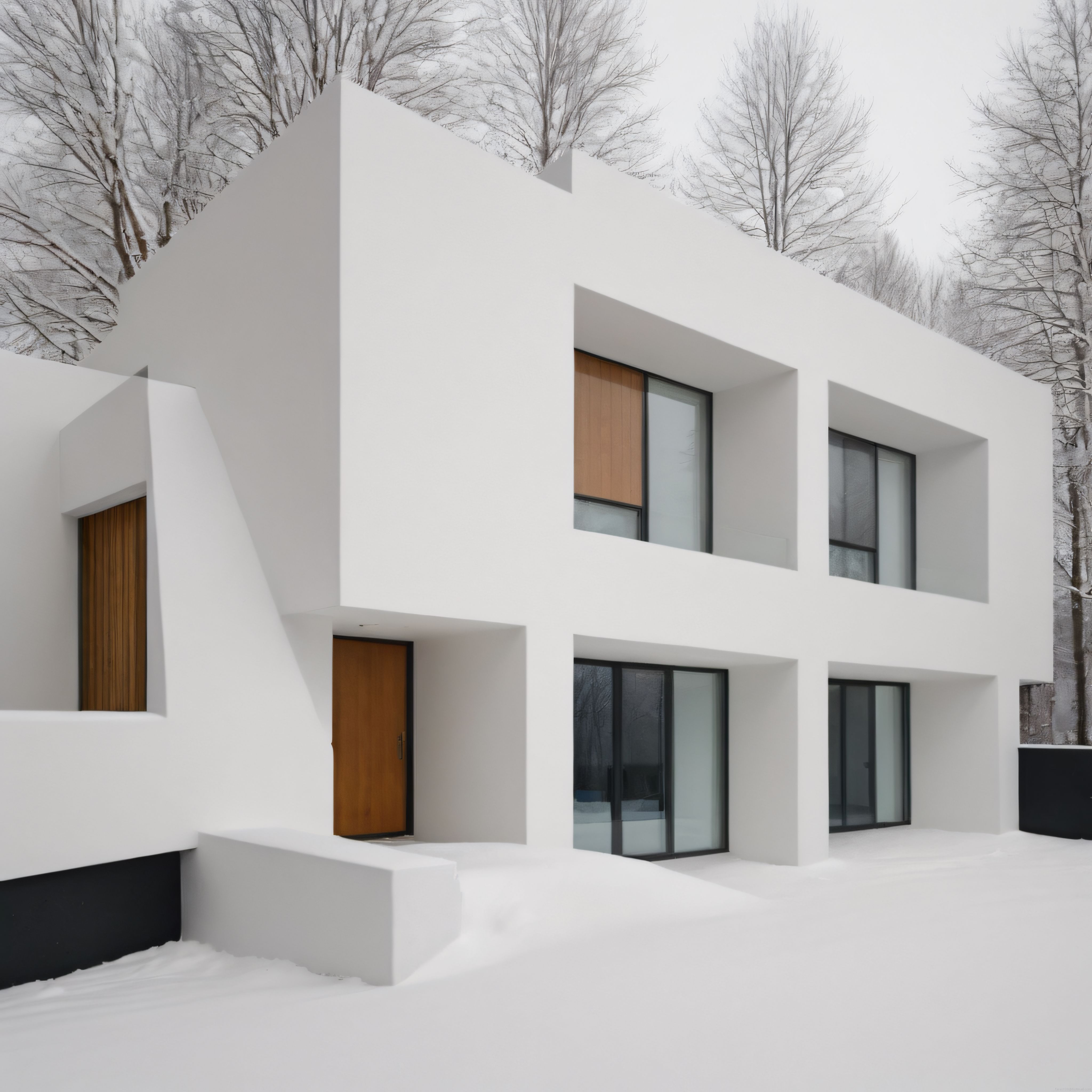 Karlı Ormanda Geometrik Hatlarıyla Minimalist Modern Beyaz Villa