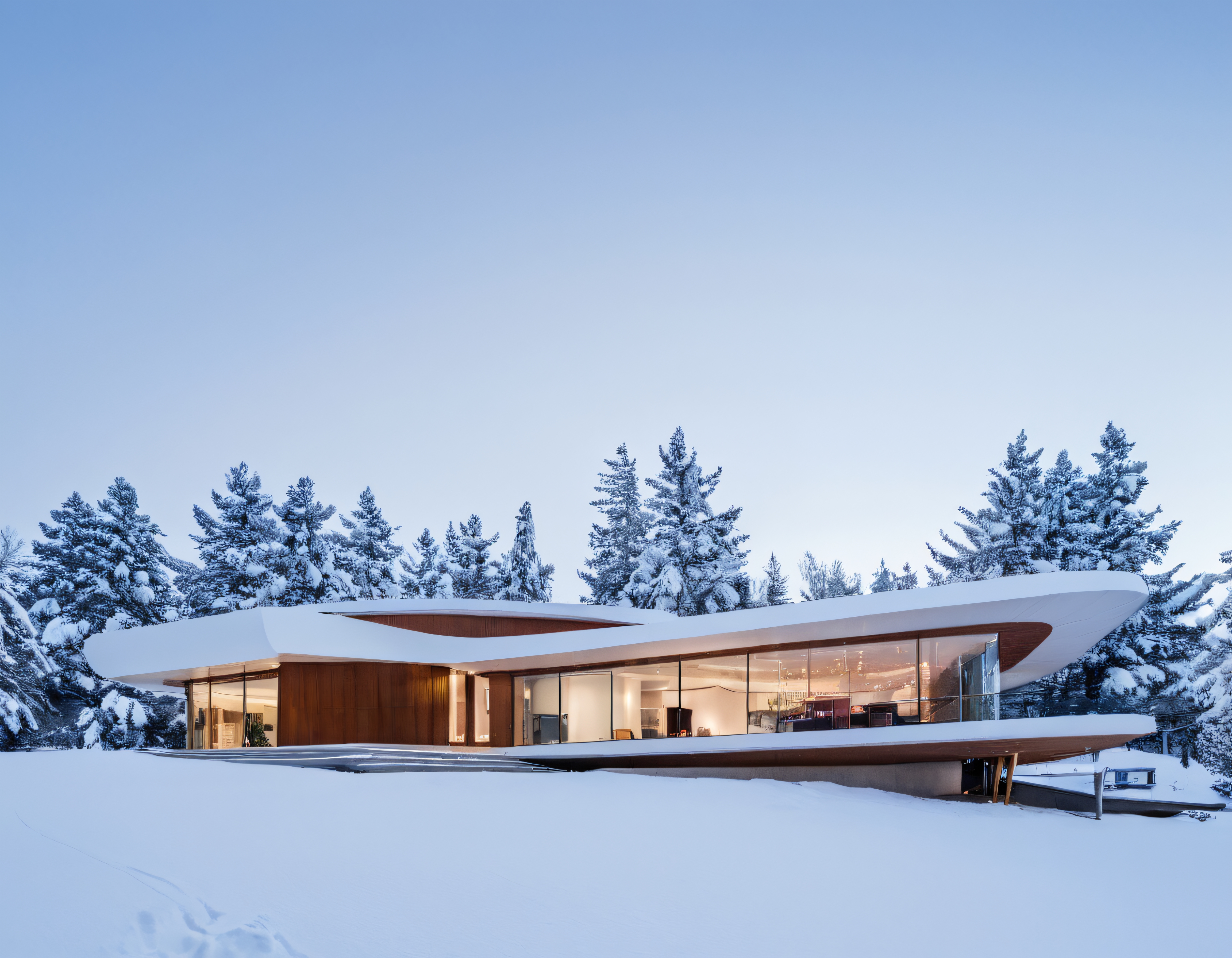 Karlı ormanda gömülü akışkan çatılı cam ve ahşap detaylı modern villa