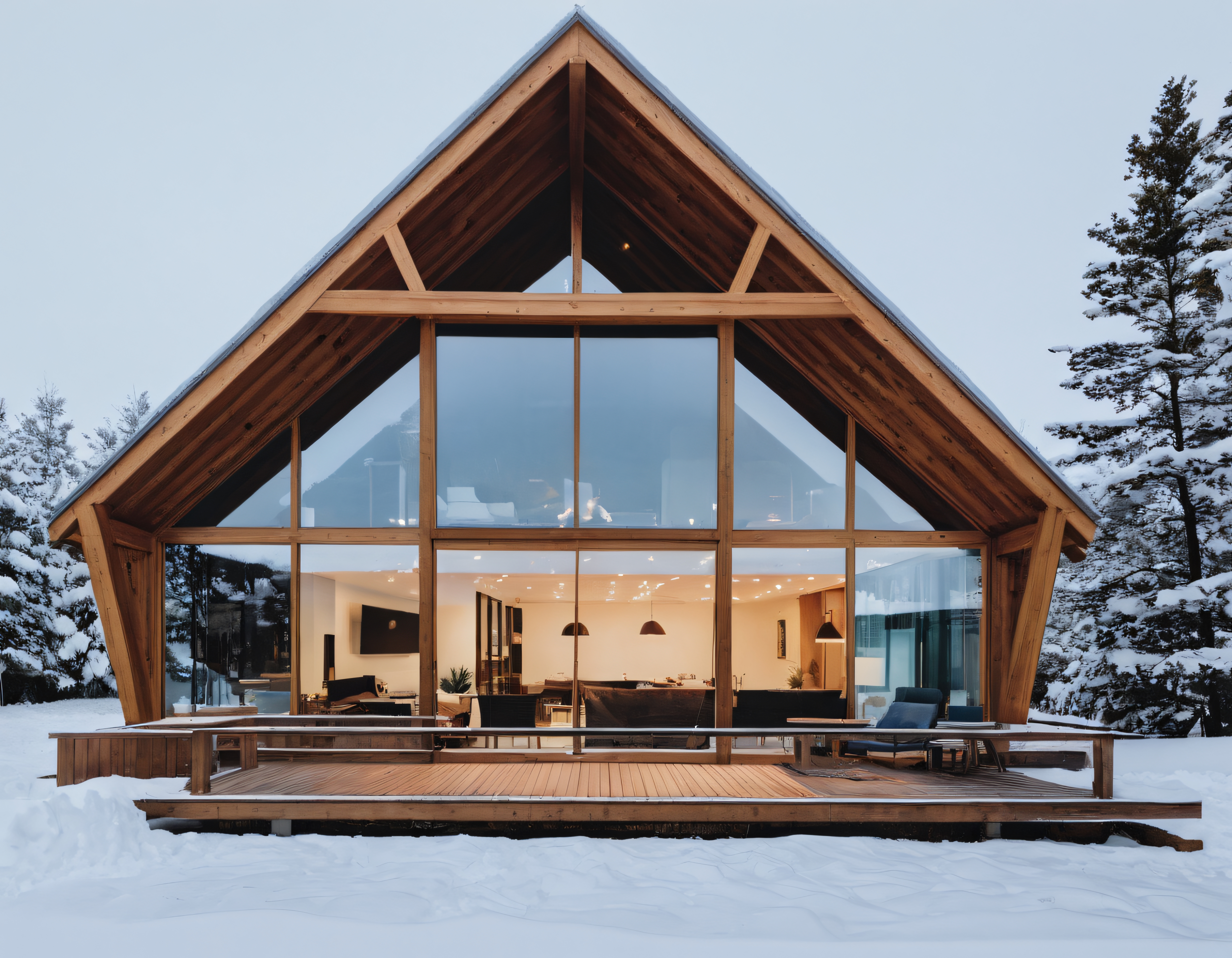 Karlı Ormanda Isıl Işıklı Dev Cam Cepheli Modern Ahşap A-Frame Dağ Evi