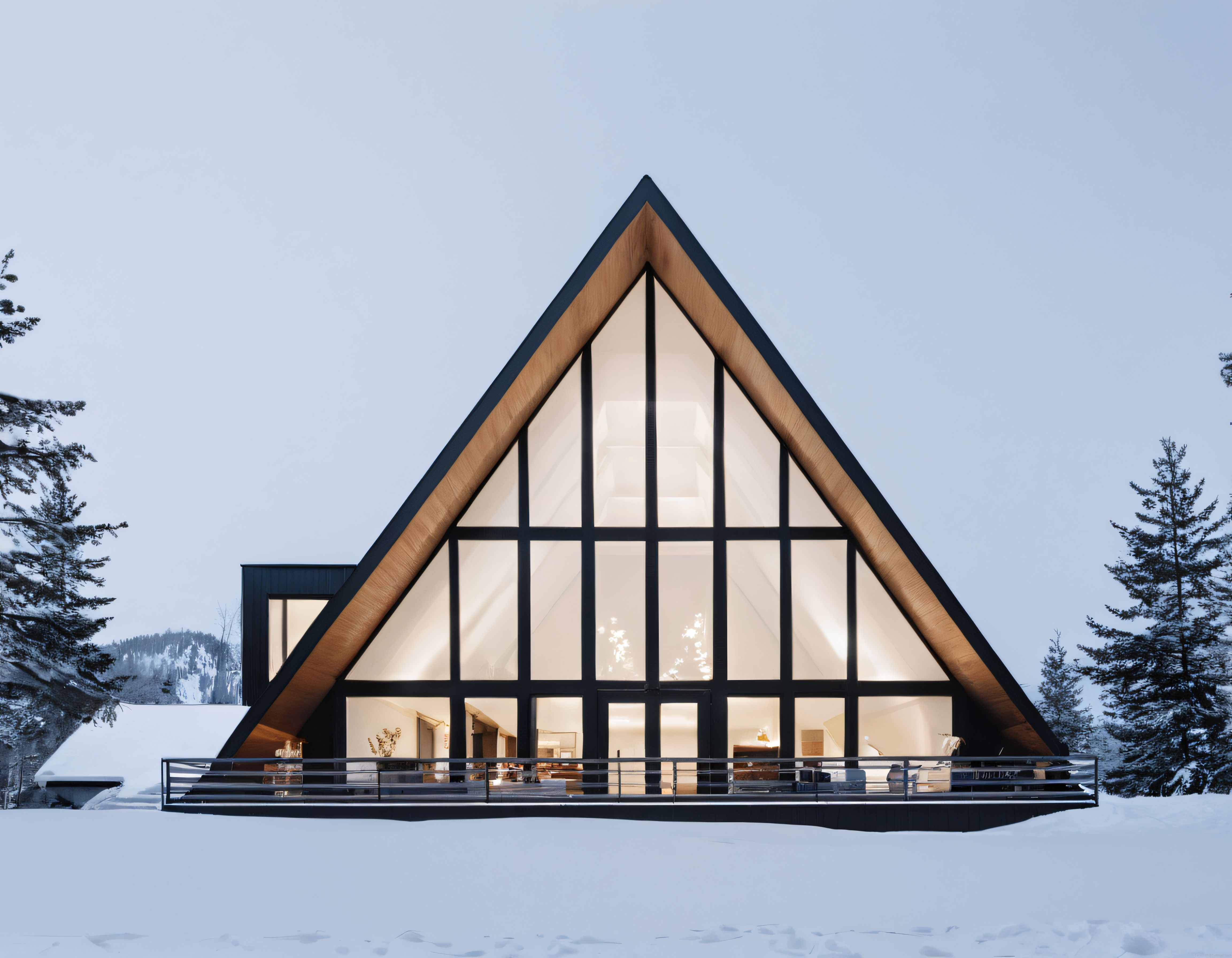 Karlı Ormanda Işıldayan Modern A Frame Dağ Evi ve Büyük Panoramik Camlar
