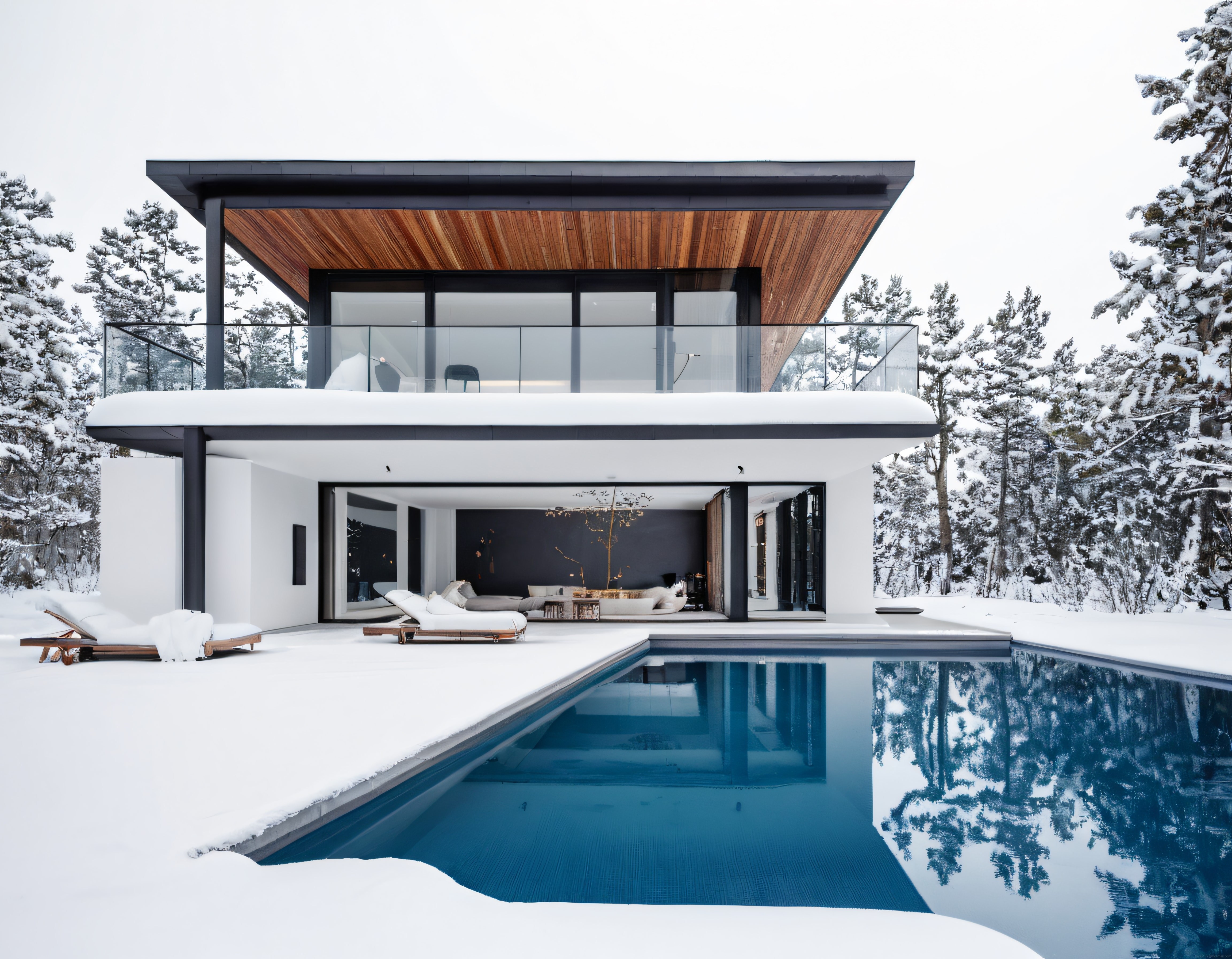 Karlı Ormanda Isıtmalı Havuzlu Ultra Modern Cam Villa ve İç Mekân Detayları