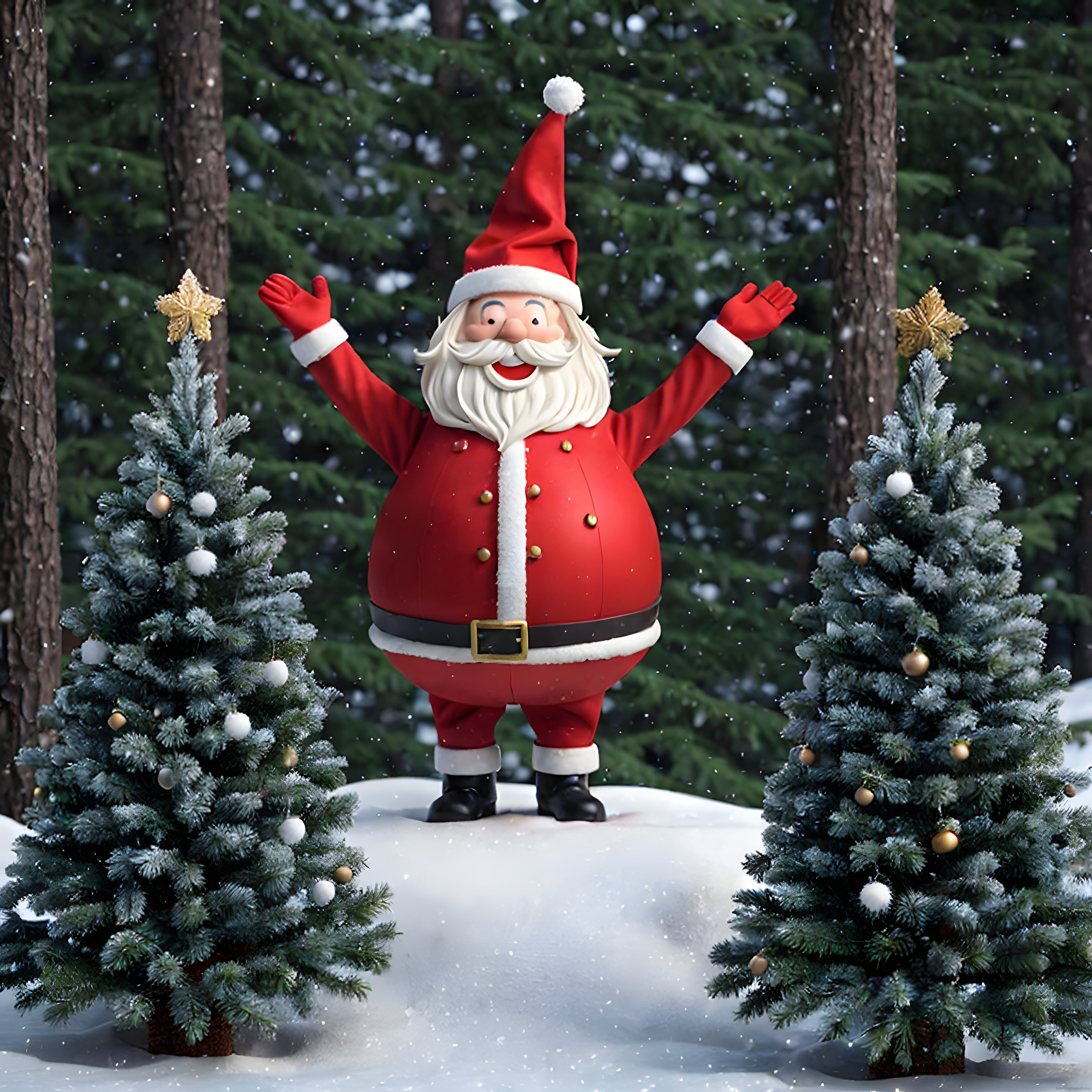 Karlı Ormanda Kollarını Açmış Neşeli 3D Noel Baba ve Çam Ağaçları