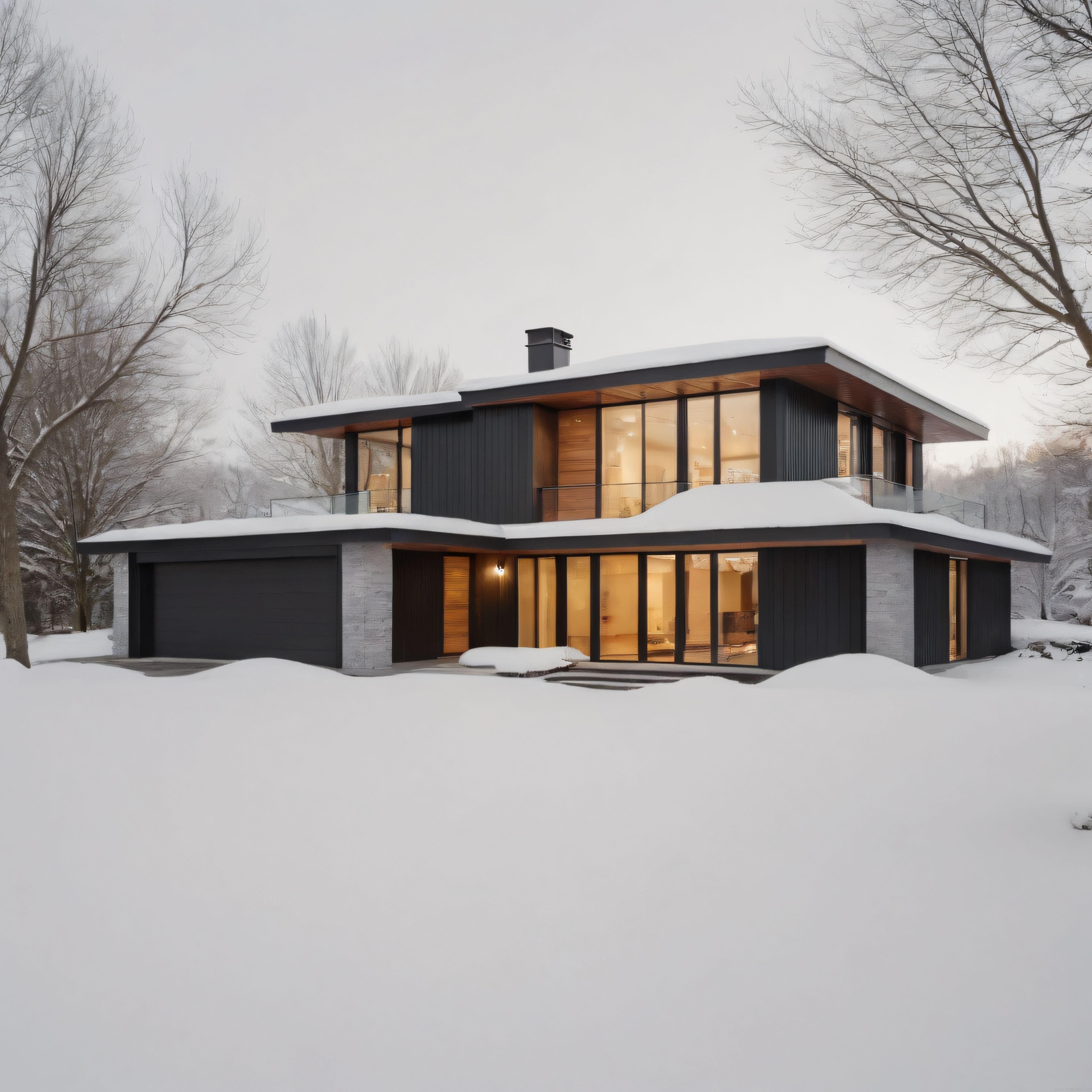 Karlı Ormanda Minimalist Cam Cepheli Modern Lüks Villa Tasarımı