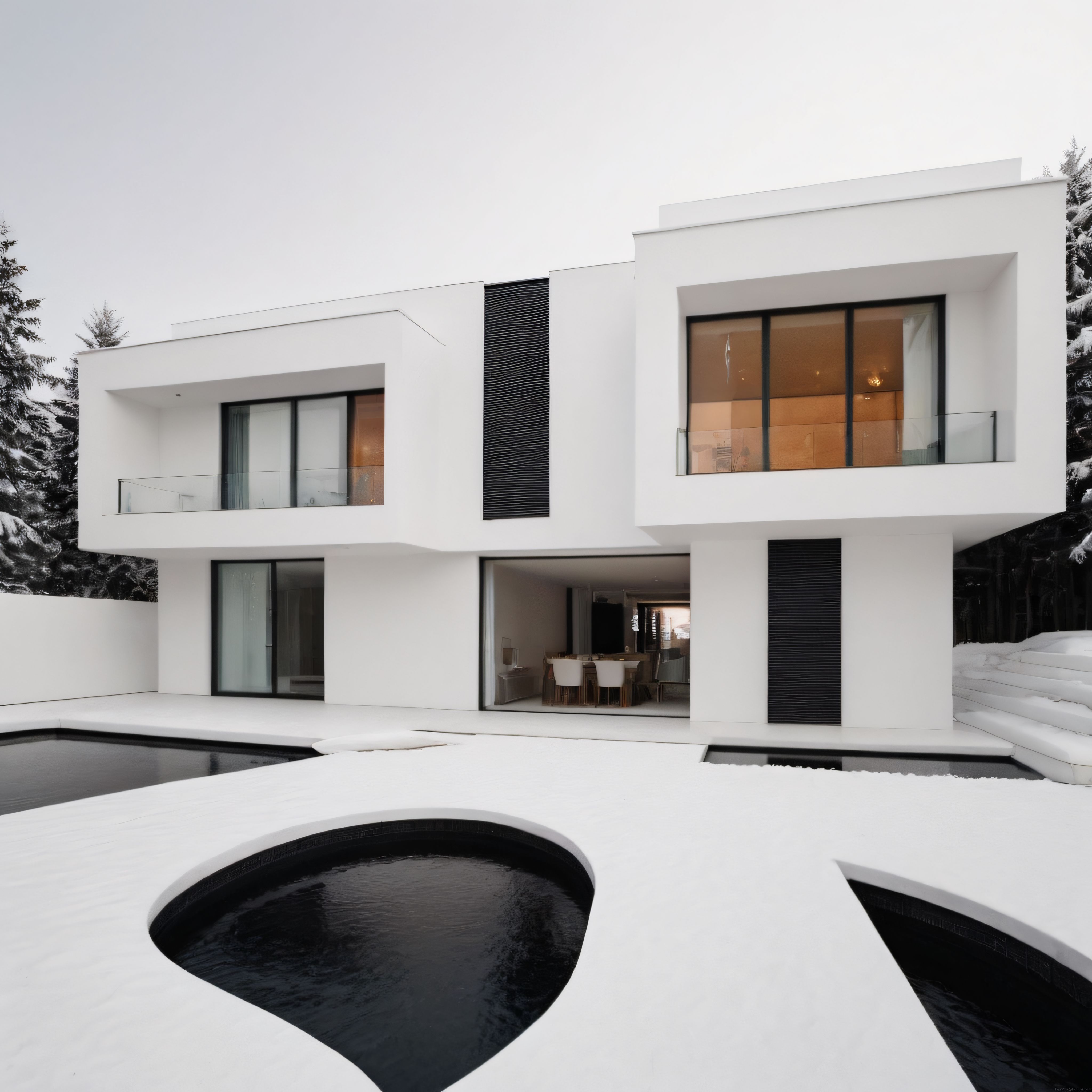 Karlı Ormanda Modern Mimari Beyaz Villa ve Geometrik Havuz Tasarımı
