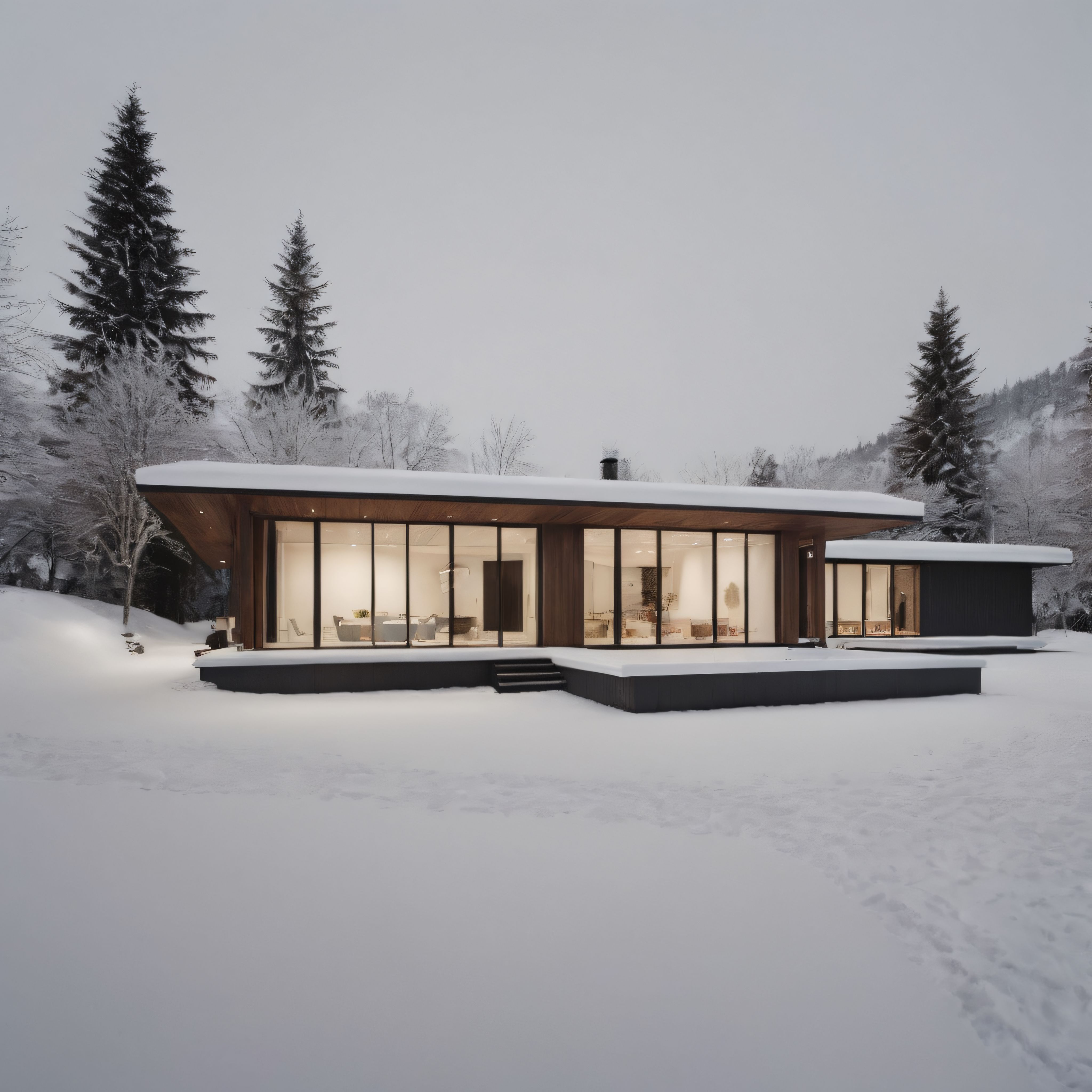 Karlı Ormanda Modern Mimari: Cam ve Ahşap Detaylı Minimalist Kış Evi