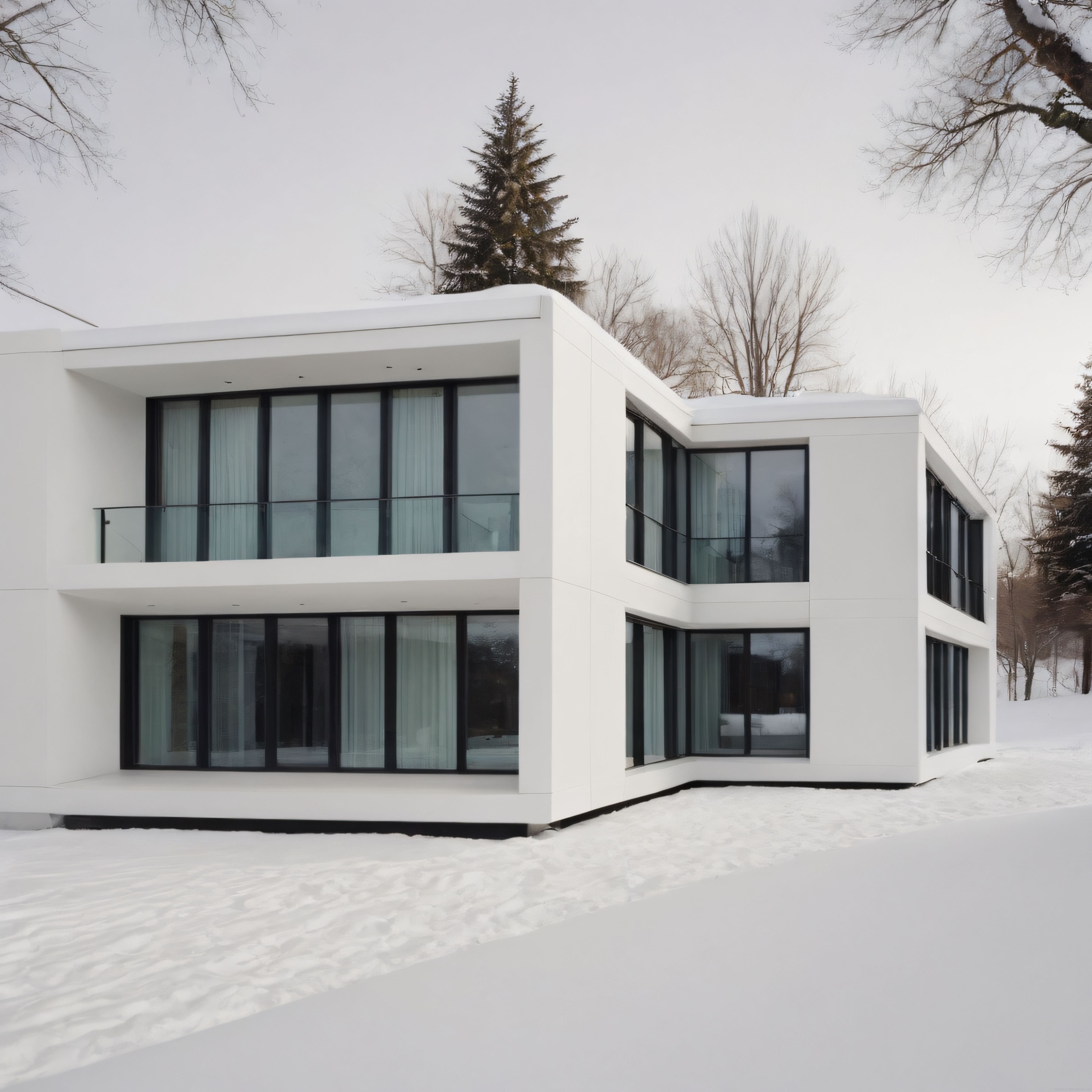 Karlı Ormanda Modern Minimalist Beyaz Villa ve Büyük Cam Cepheler