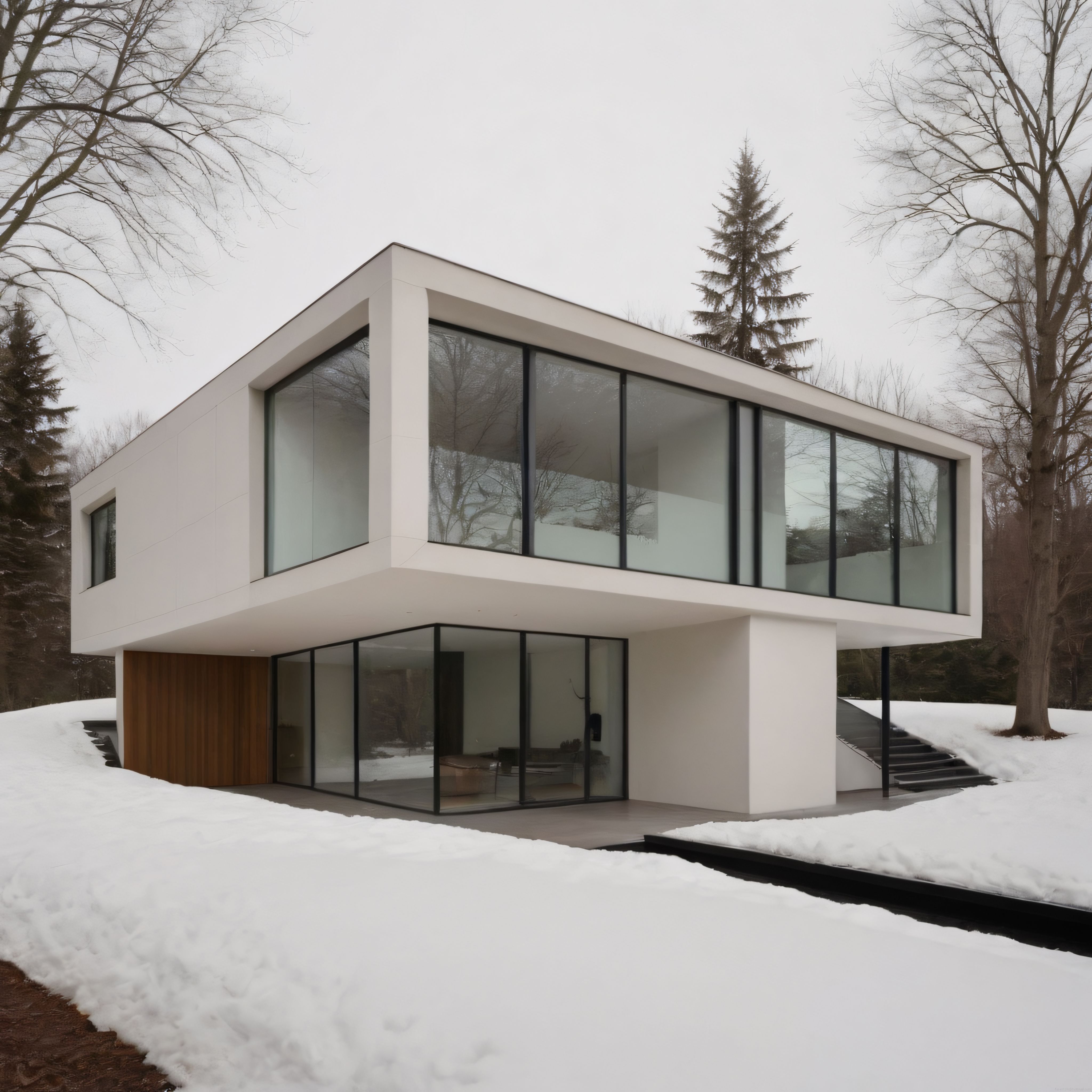 Karlı Ormanda Modern Minimalist Cam ve Beton Villa Tasarımı Örneği
