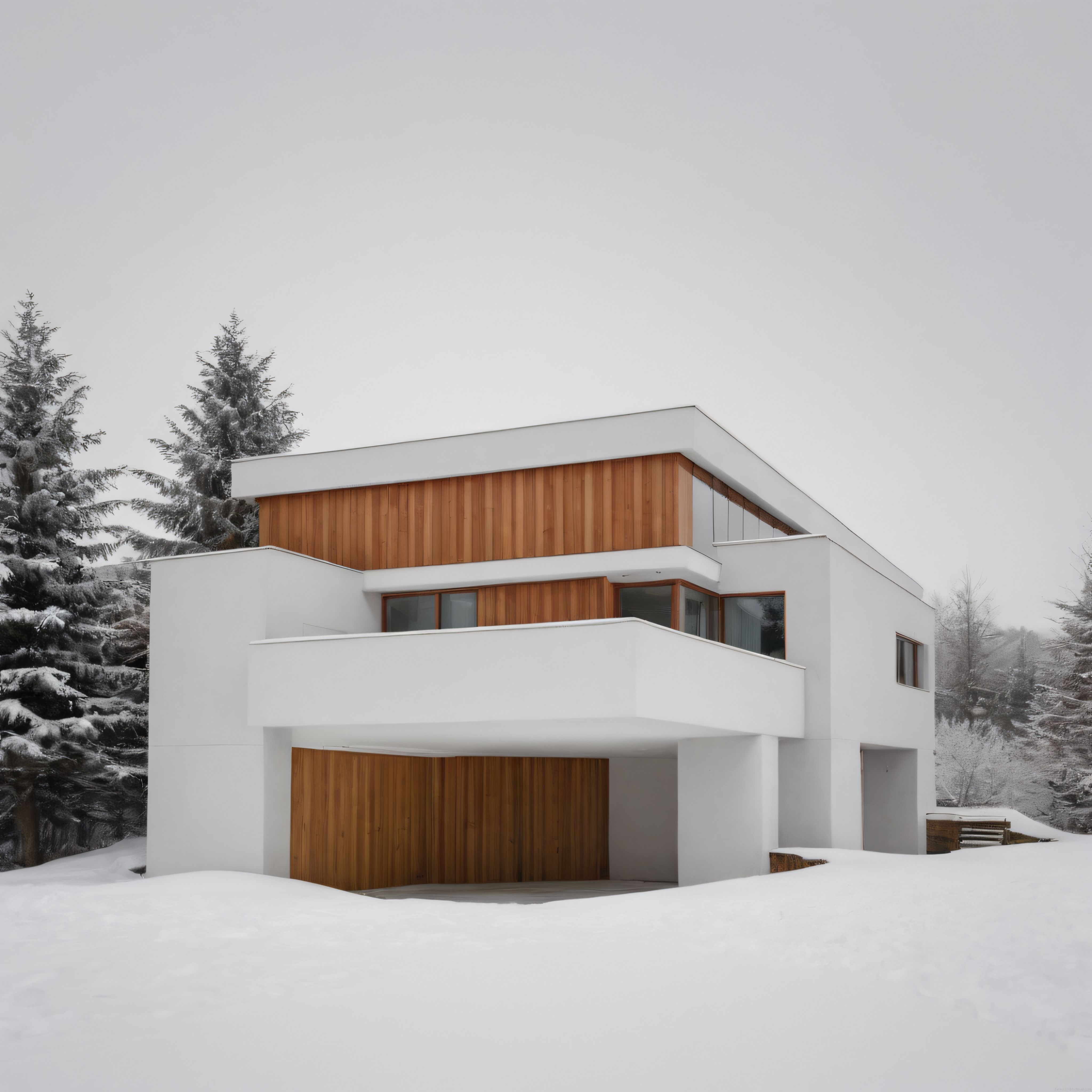 Karlı Ormanda Modern Minimalist Ev: Beyaz ve Ahşap Detaylı Çağdaş Mimari