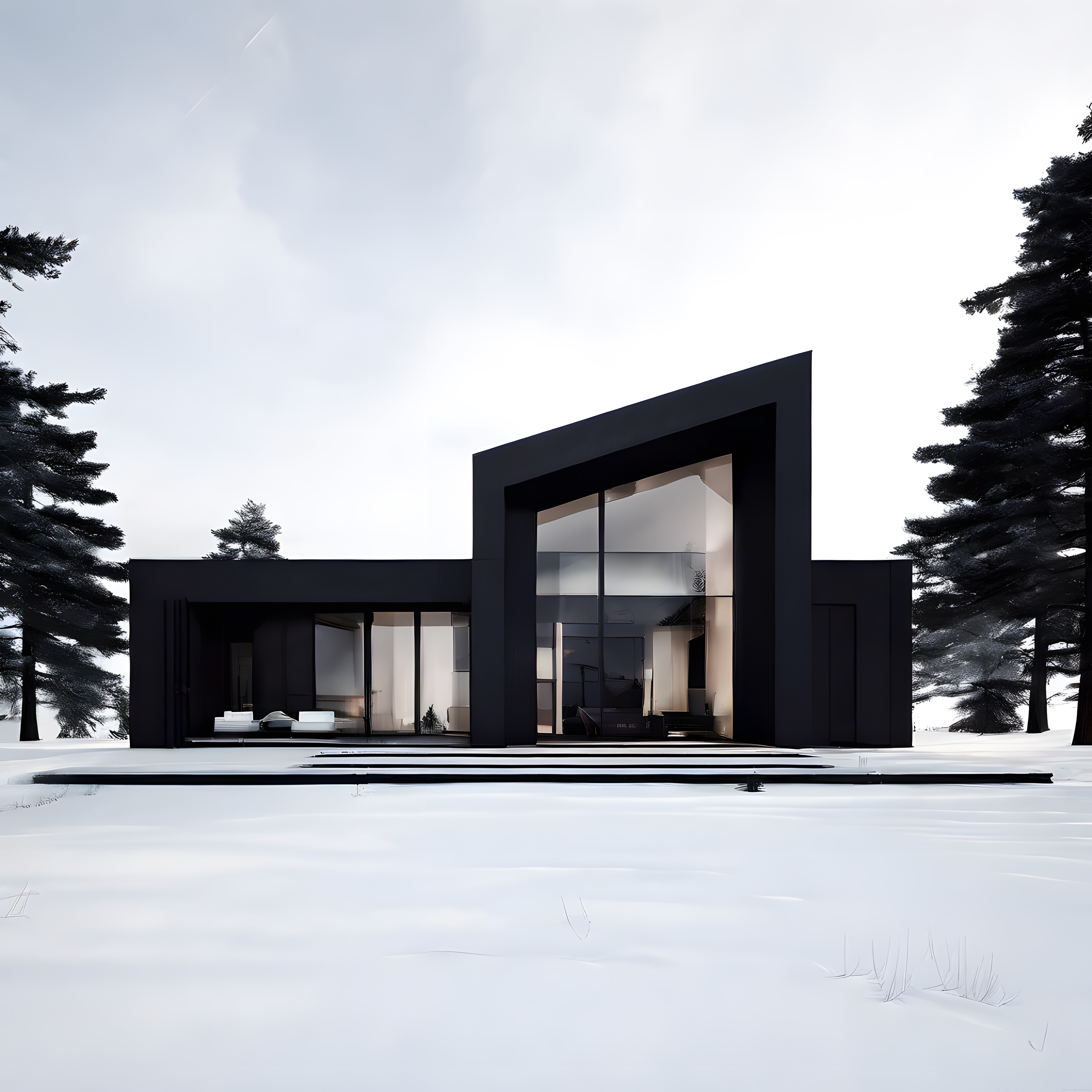 Karlı Ormanda Modern Siyah Villa: Minimalist Mimari ve Cam Cephe Tasarımı