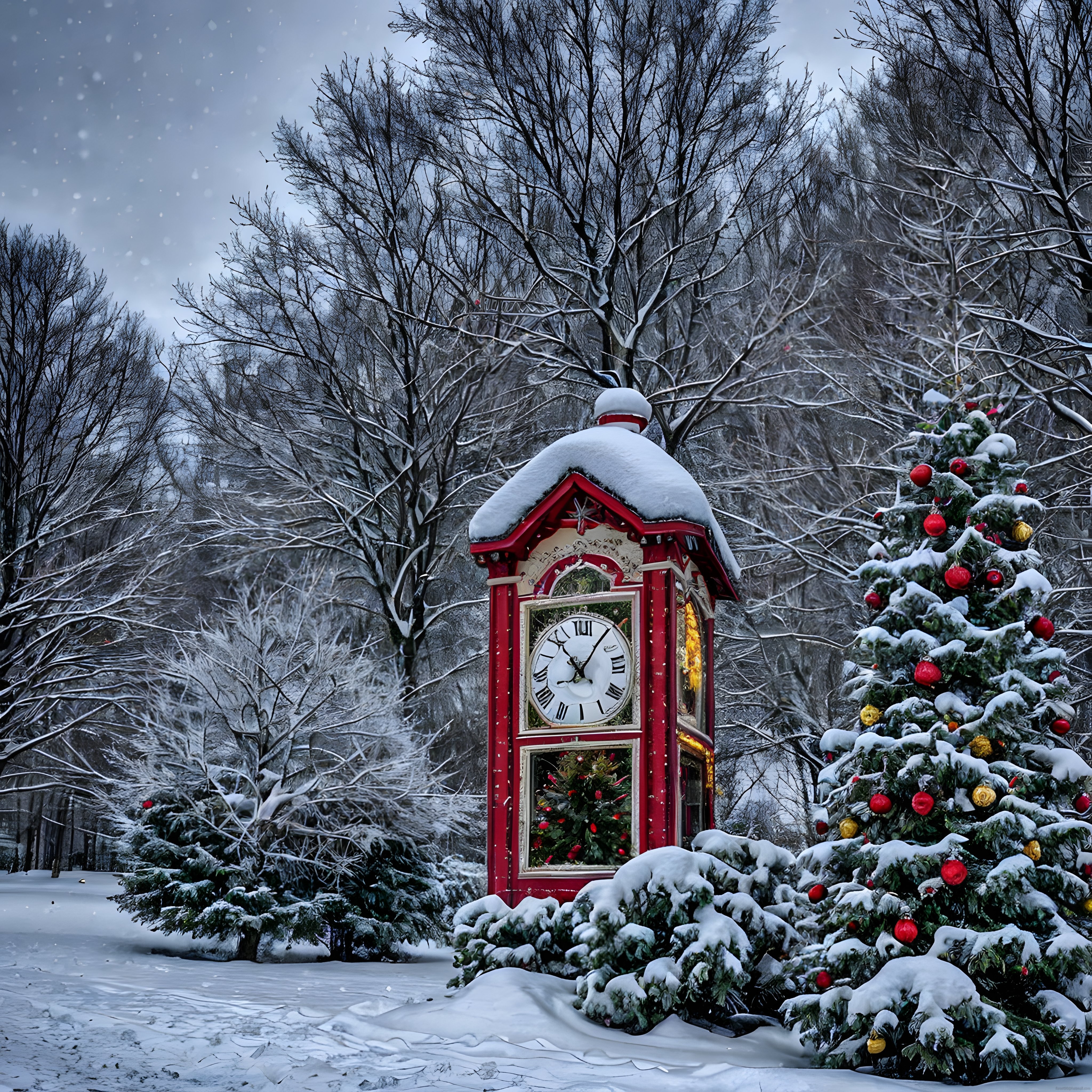 Karlı Ormanda Noel Süslemeli Kırmızı Saat Kulesi ve Yılbaşı Ağacı