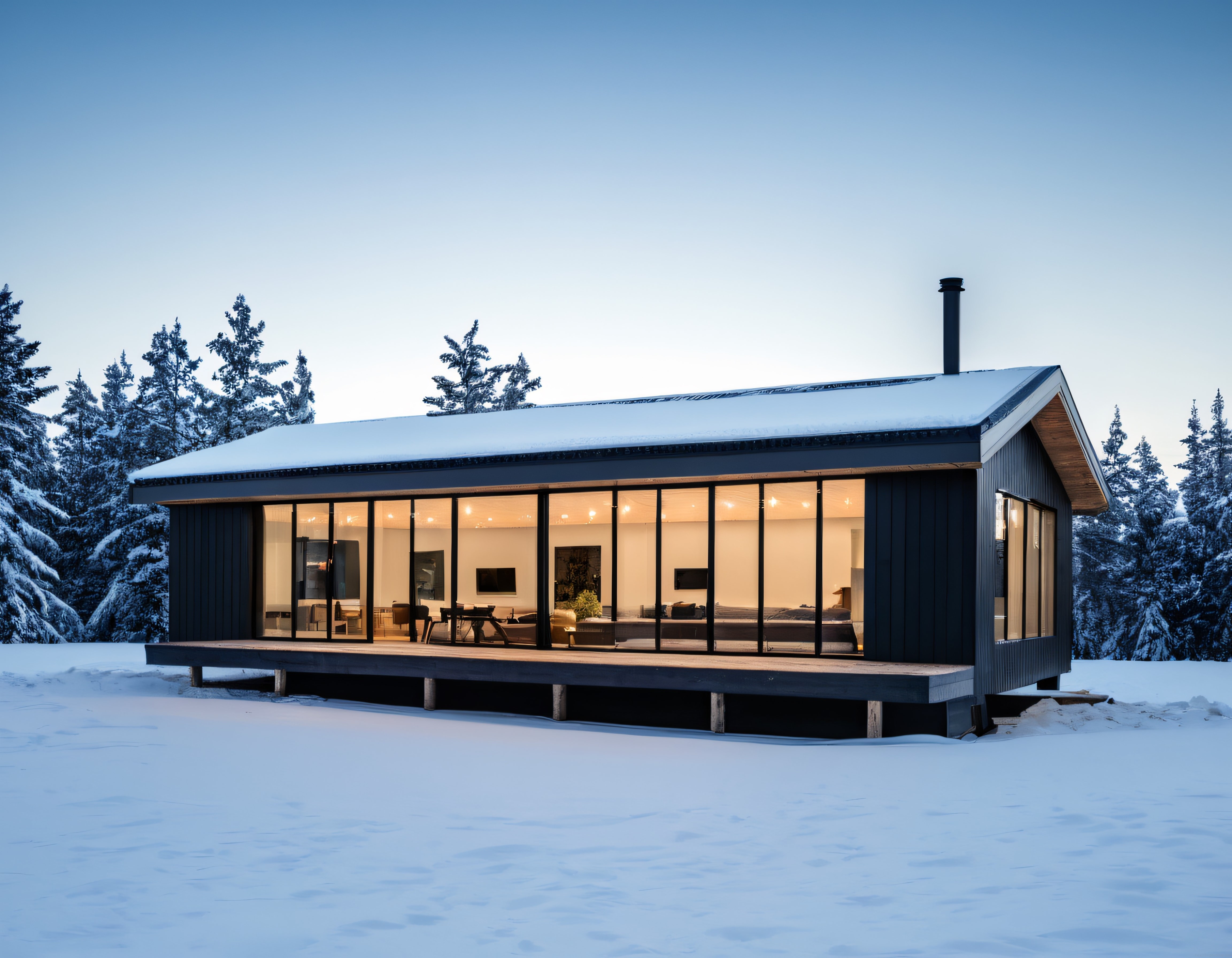 Karlı Ormanda Panoramik Camlı Modern ve Minimalist Bir Dağ Evi